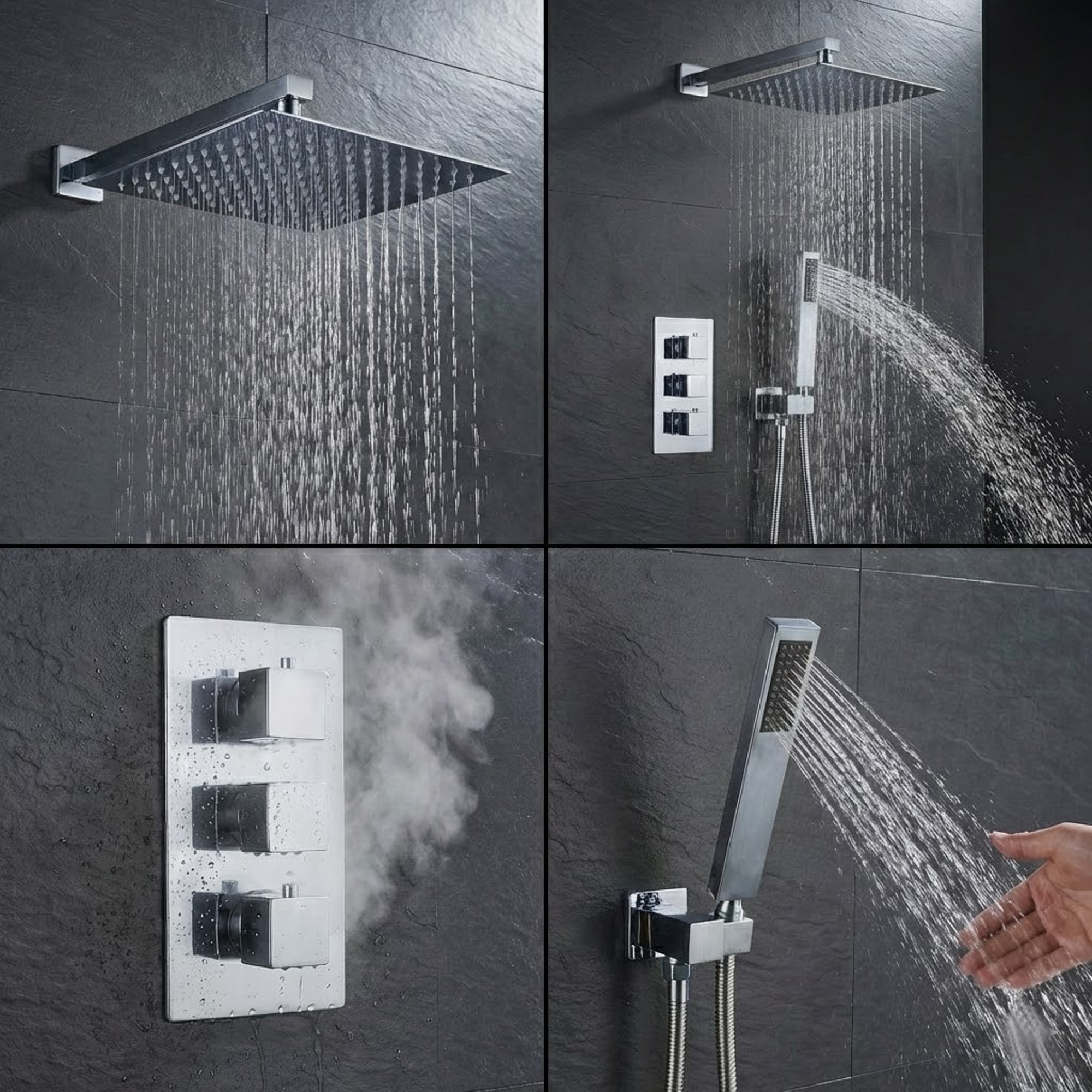 Square Concealed Triple Thermostatic Shower Pack with Head + Handset - Chrome