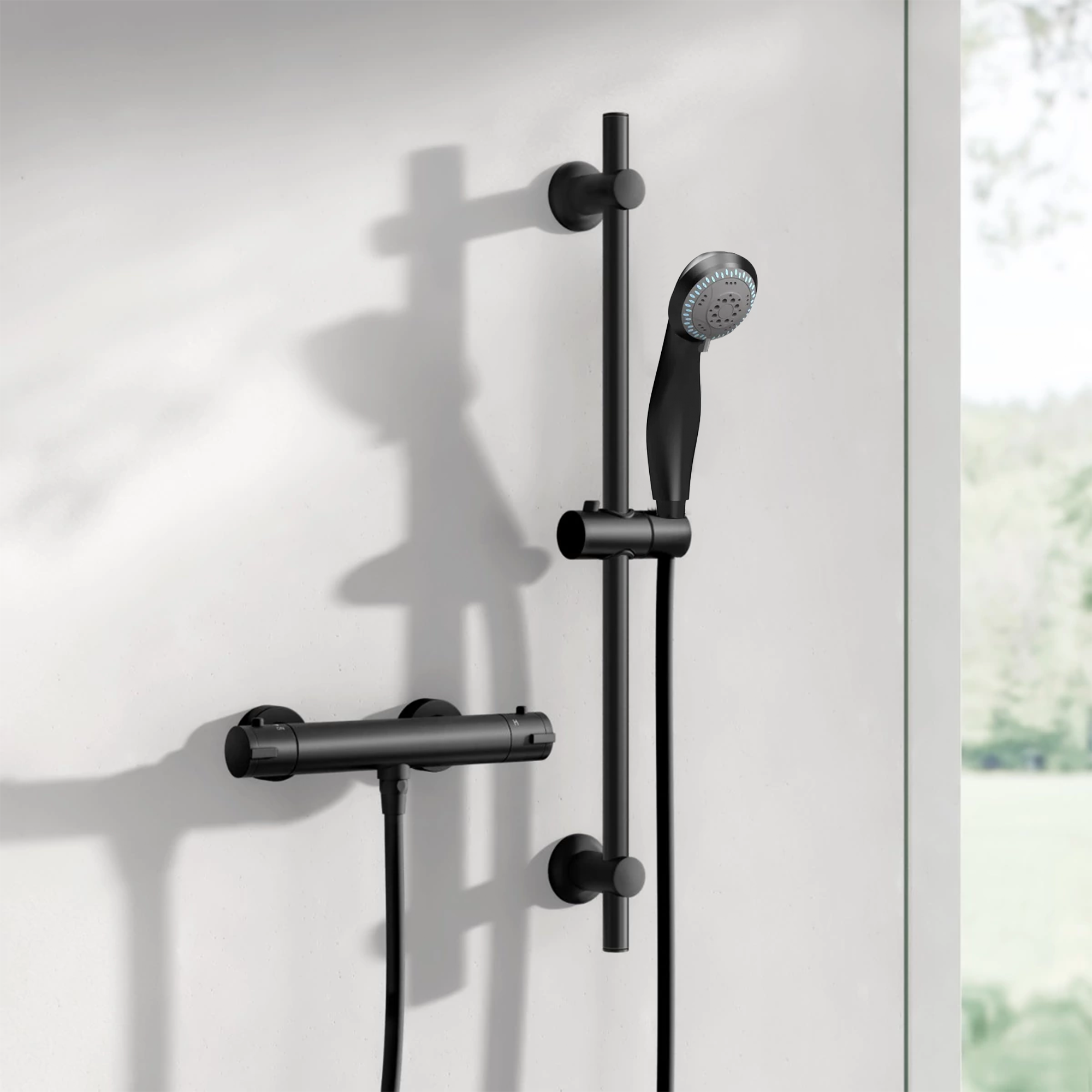 Arko Thermostatic Shower Mixer with Adjustable Riser Kit Exposed Round Shower – Black