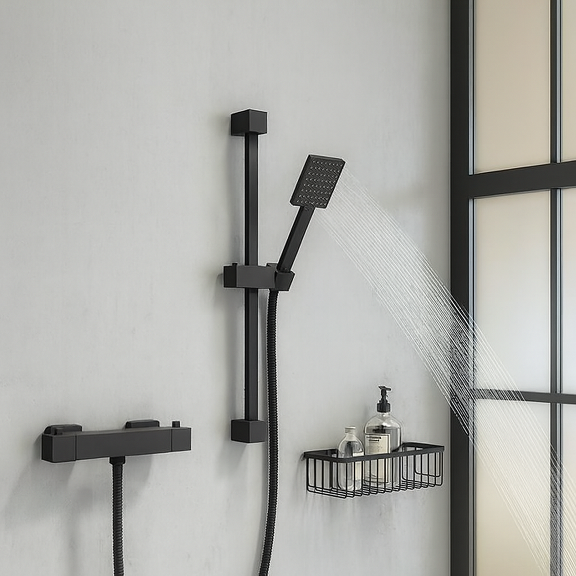 Arko Thermostatic Shower Mixer with Adjustable Riser Kit Exposed Square Shower –Black