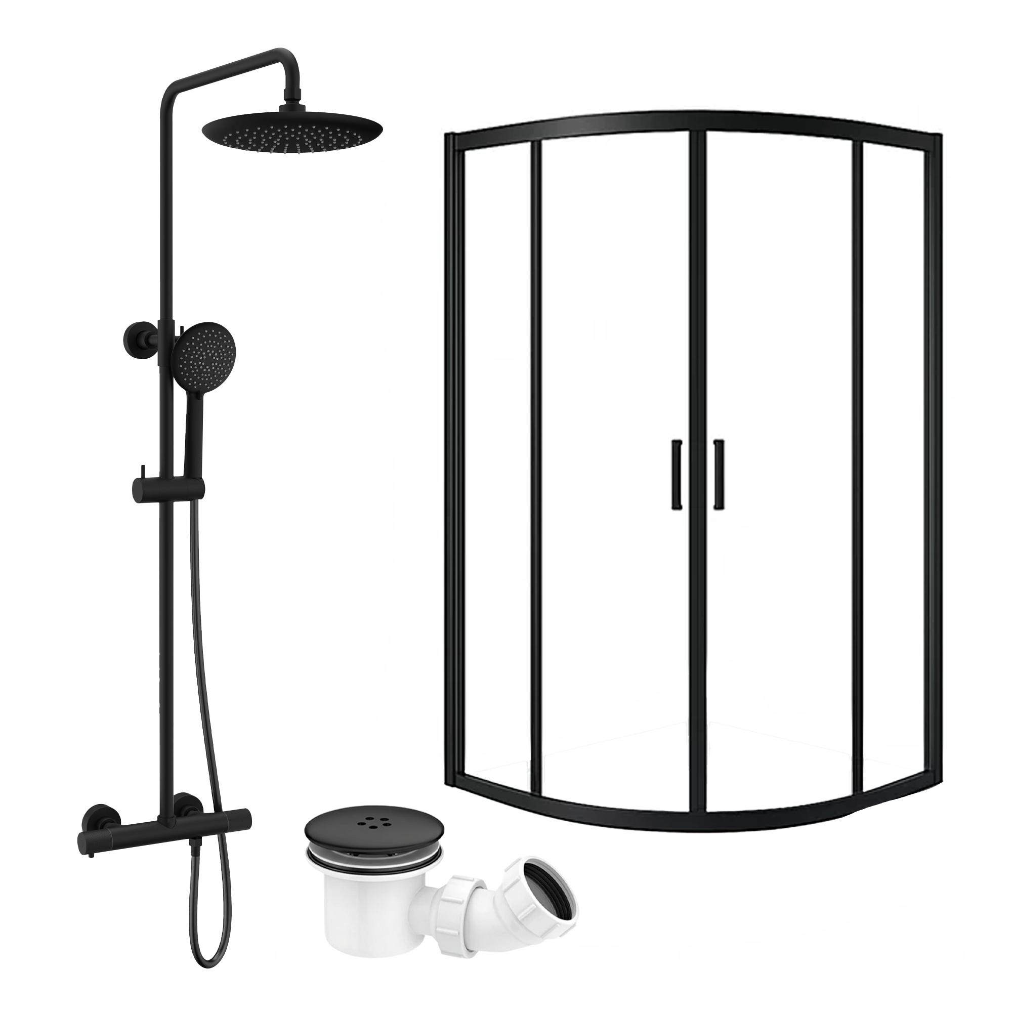 ARKO Round Rainfall Shower System with Handheld Spray & Curved Glass Sliding Shower Enclosure with Waste  - Matte Black