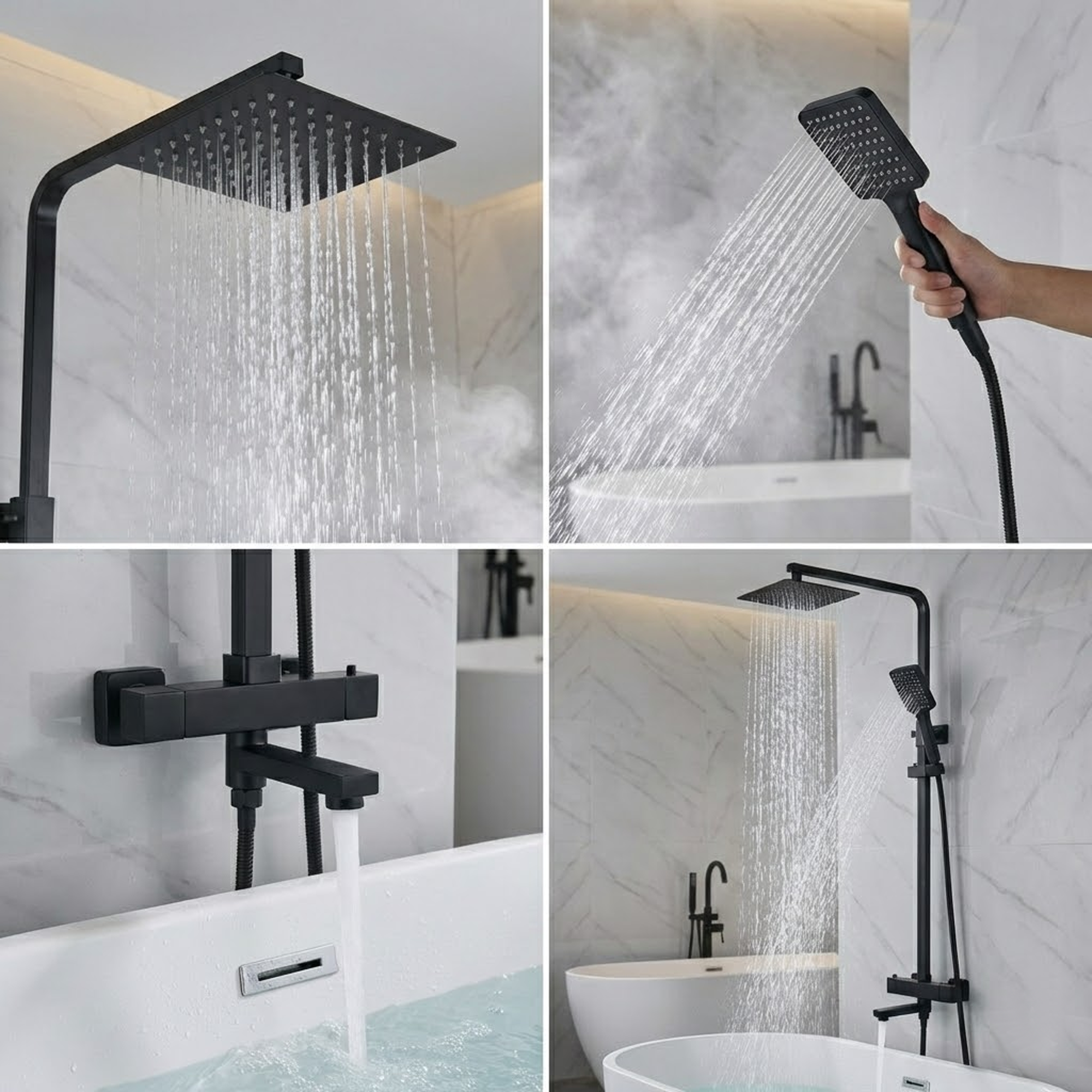 Arko Modern Square Thermostatic Shower  with Filler – Matte Black