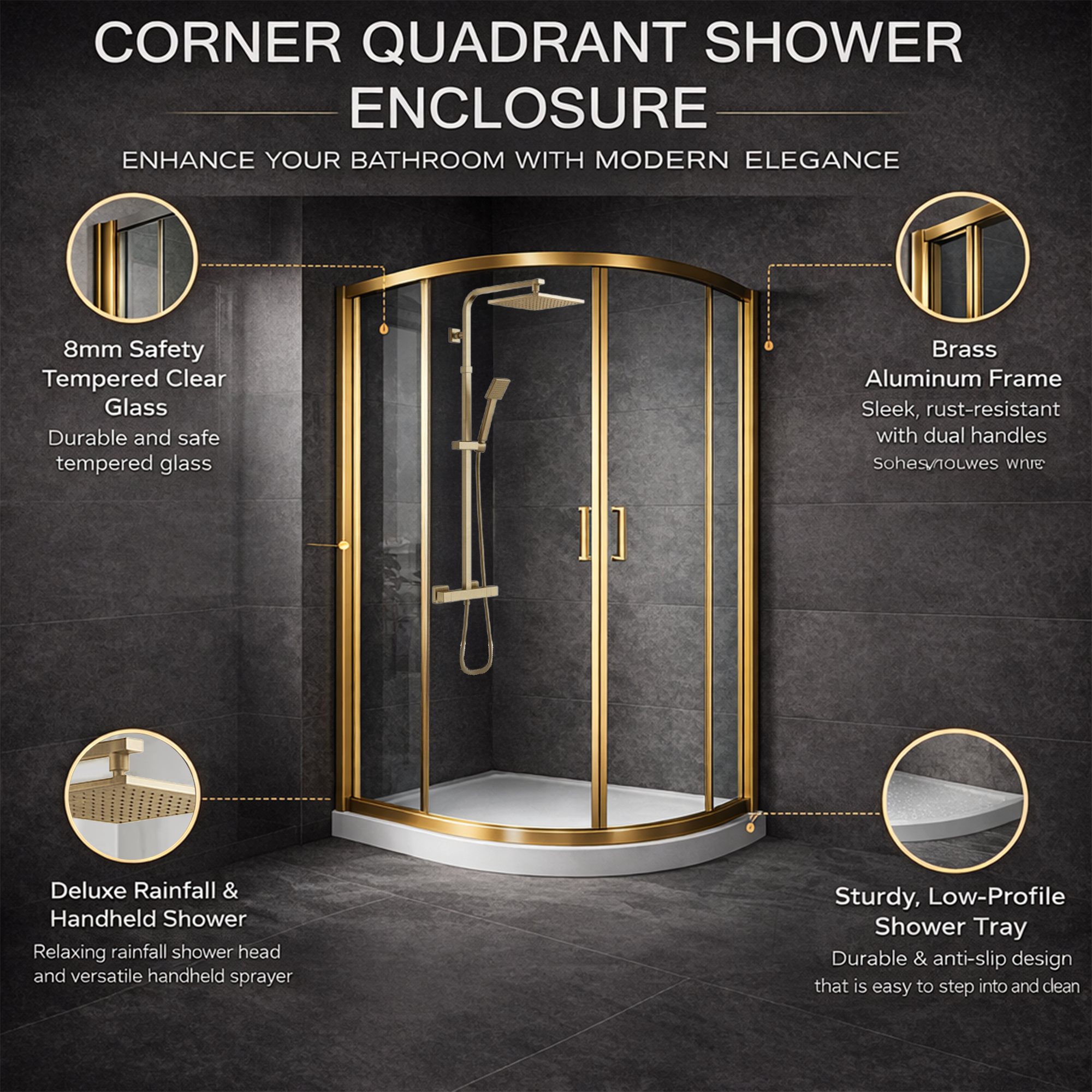 ARKO Square Rainfall Shower System with Handheld Spray & Curved Glass Sliding Shower Enclosure with Tray - Brass