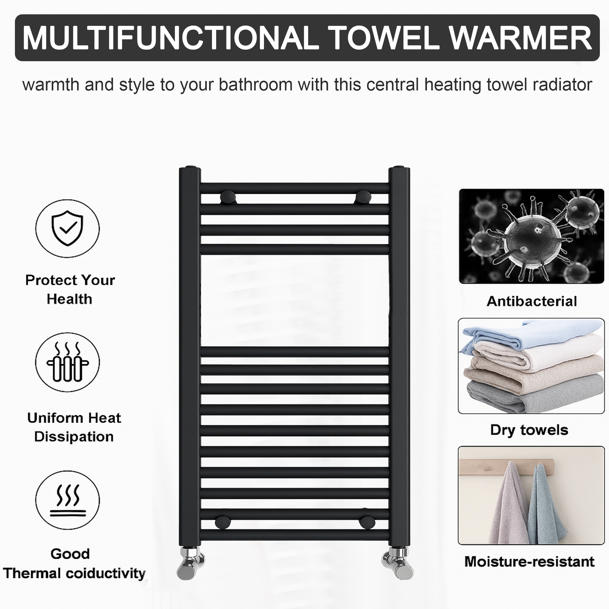 ARKO Black Heated Towel Rail 600x800mm – Wall Mounted Ladder Radiator