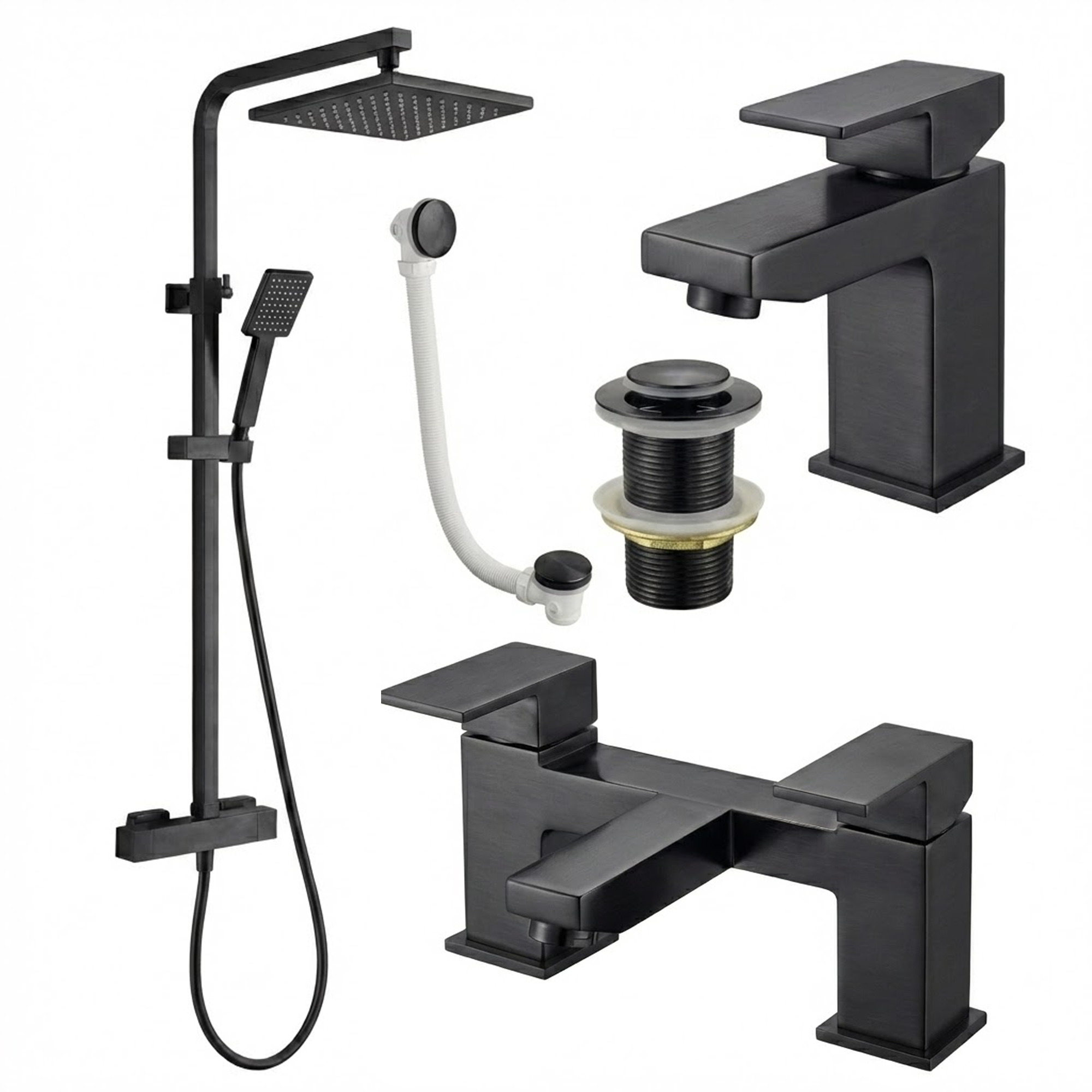 ARKO Verda Basin Mixer Tap, Bath Filler & Thermostatic Mixer Shower Set with Bath Waste – Black