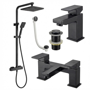 ARKO Verda Basin Mixer Tap, Bath Filler & Thermostatic Mixer Shower Set with Bath Waste – Black