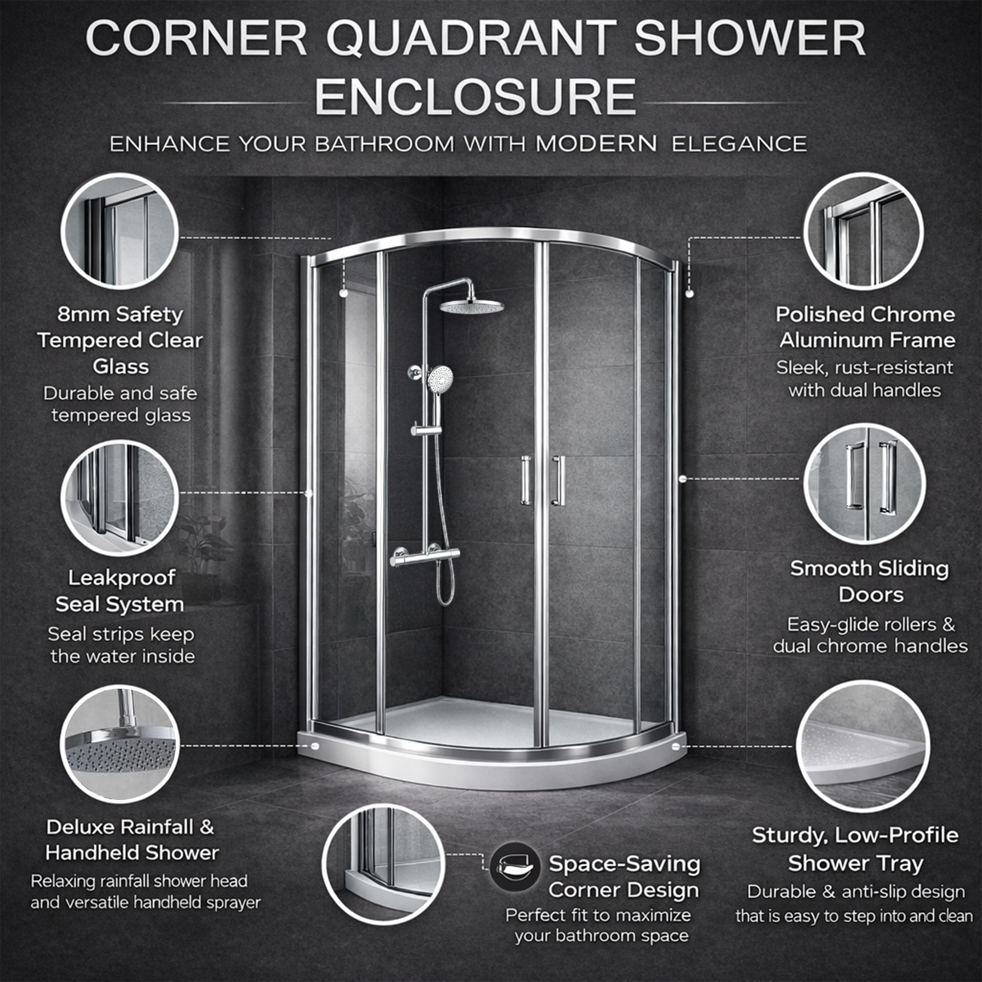 ARKO Round Rainfall Shower System with Handheld Spray & Curved Glass Sliding Shower Enclosure - Chrome