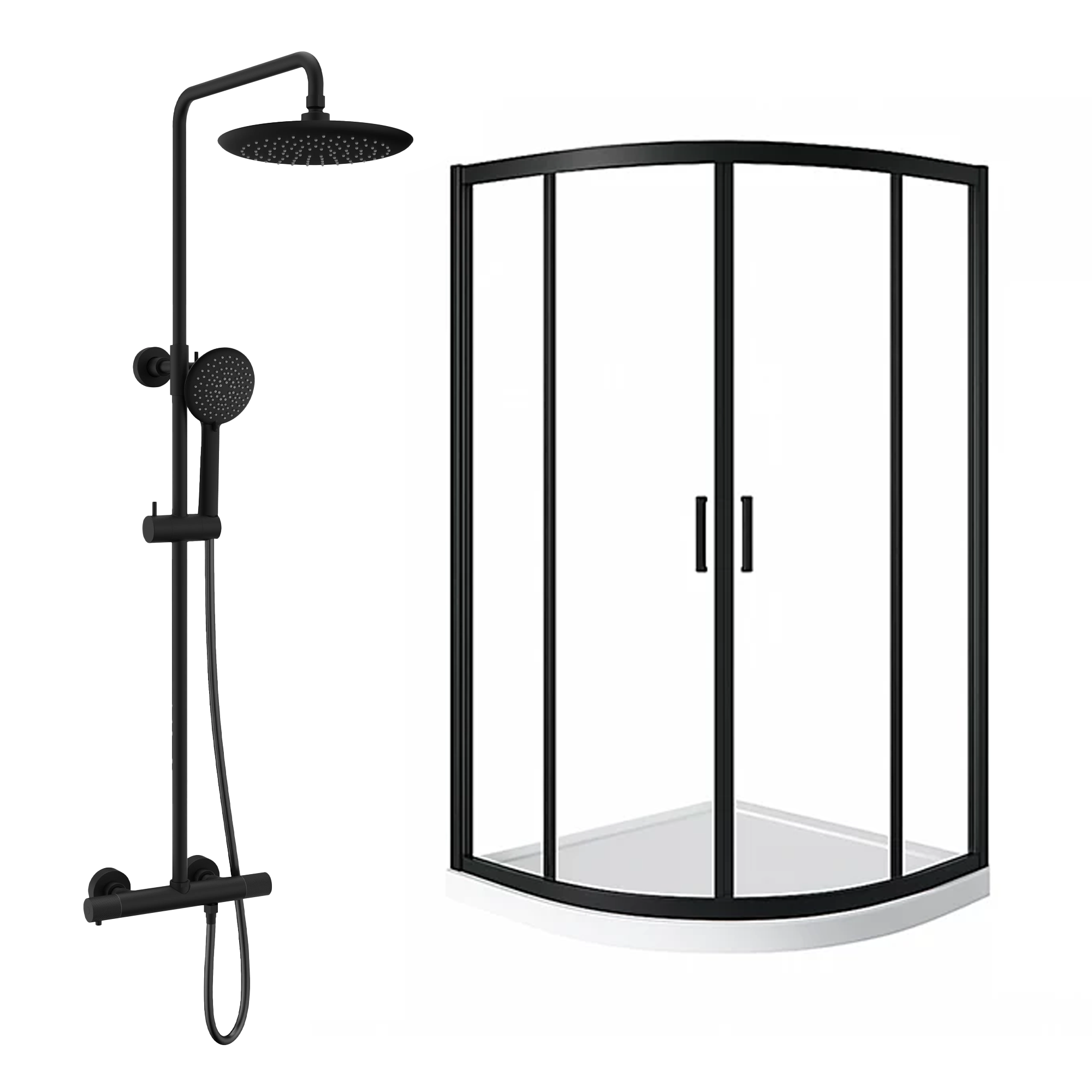 ARKO Round Rainfall Shower System with Handheld Spray & Curved Glass Sliding Shower Enclosure with Tray  - Matte Black