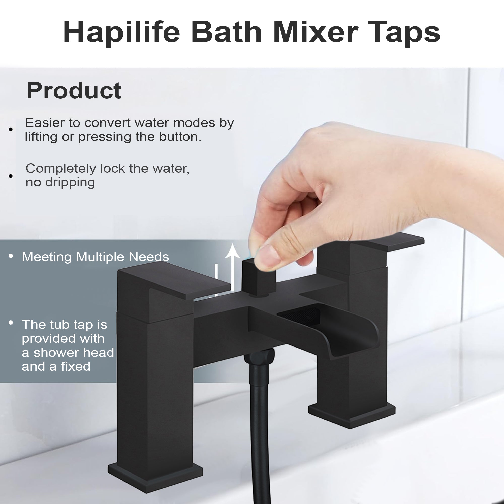 Waterfall Bath Shower Mixer Tap with Shower Kit – Black