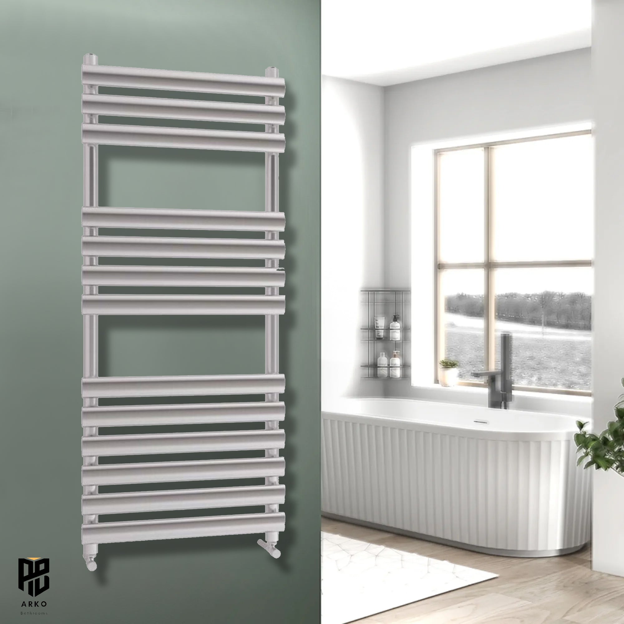 Arko Heated Towel Rail – 500 x 1200mm – Straight Bars – Chrome