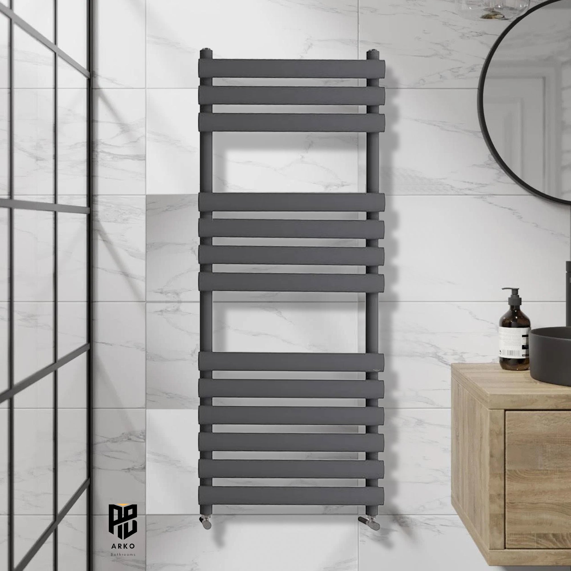 Arko Heated Towel Rail – Matt Black – 500 x 1200mm – Straight Bars