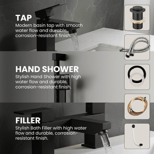 ARKO Verda Basin Mixer Tap, Bath Filler & Handheld Shower Set with Bath Waste – Black