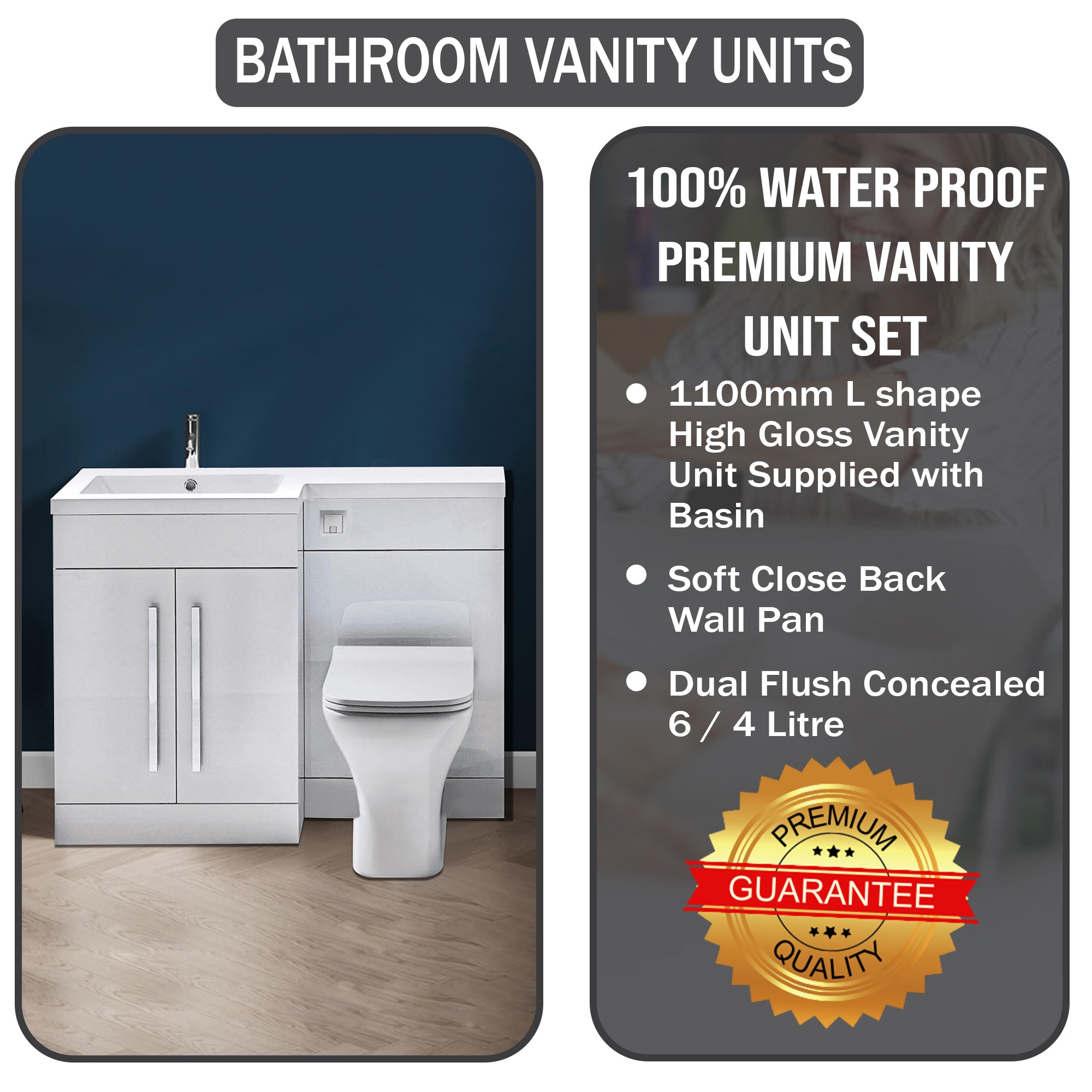Arko Tana 1100mm Bathroom Vanity Unit Set Basin Sink Toilet WC Right Hand Furniture Storage - White