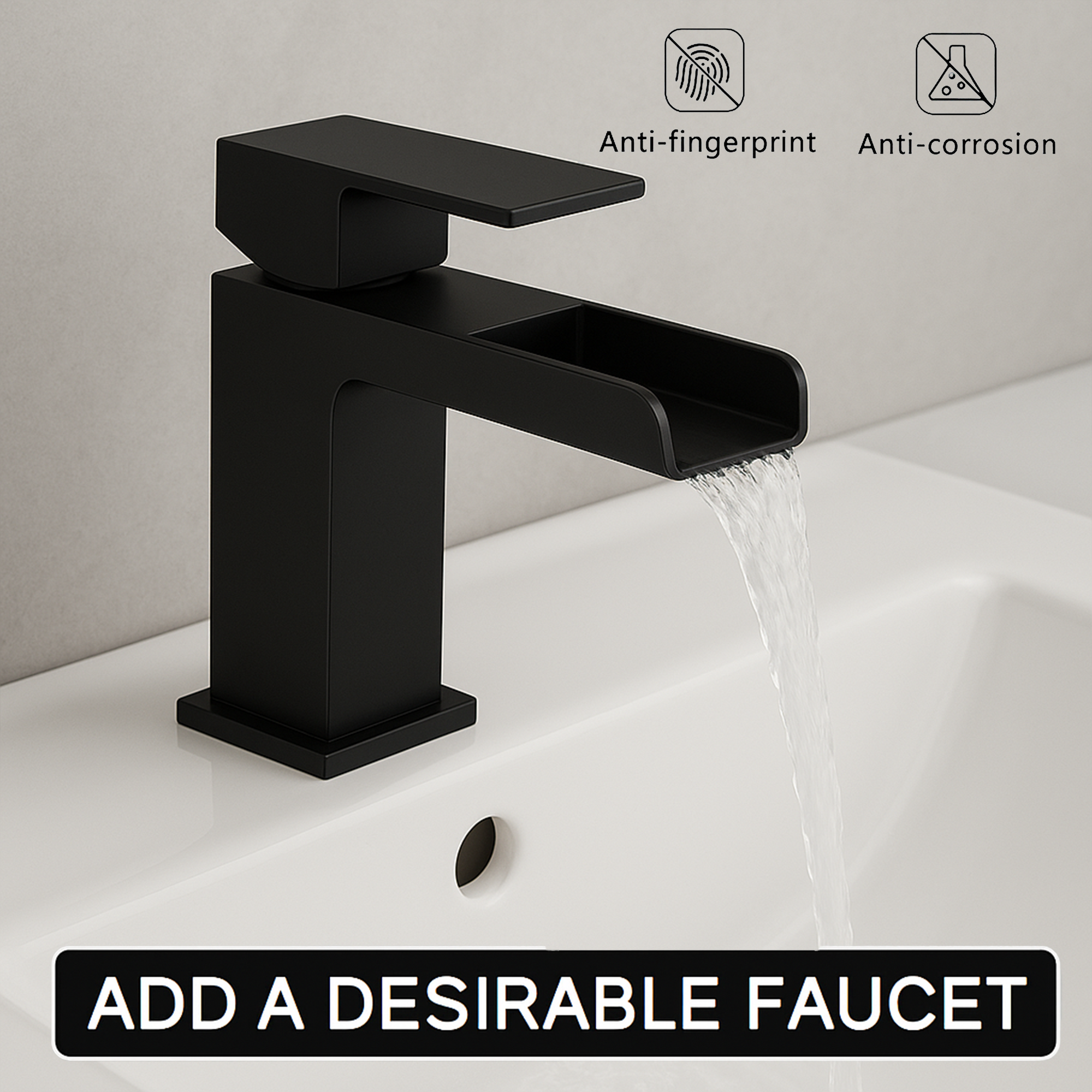 Arko Waterfall Bath and Basin Mixer Tap with Bath Waste Set -Black