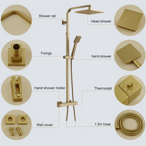 ARKO Bathroom Square Thermostatic Mixer Shower with Riser Rail, Shower Waste & Twin head - Brass