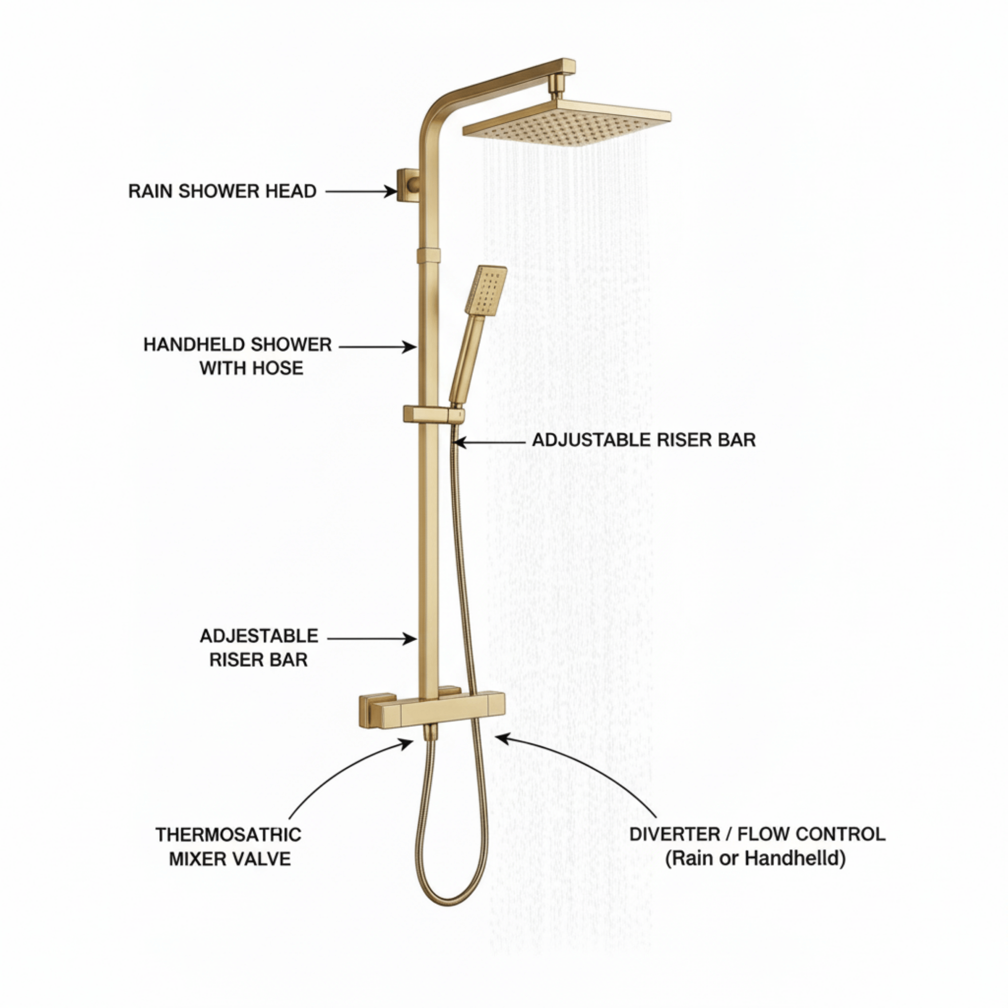 ARKO Waterfall Basin Mixer Tap, Bath Filler & Thermostatic Mixer Shower Set with Bath Waste – Brass