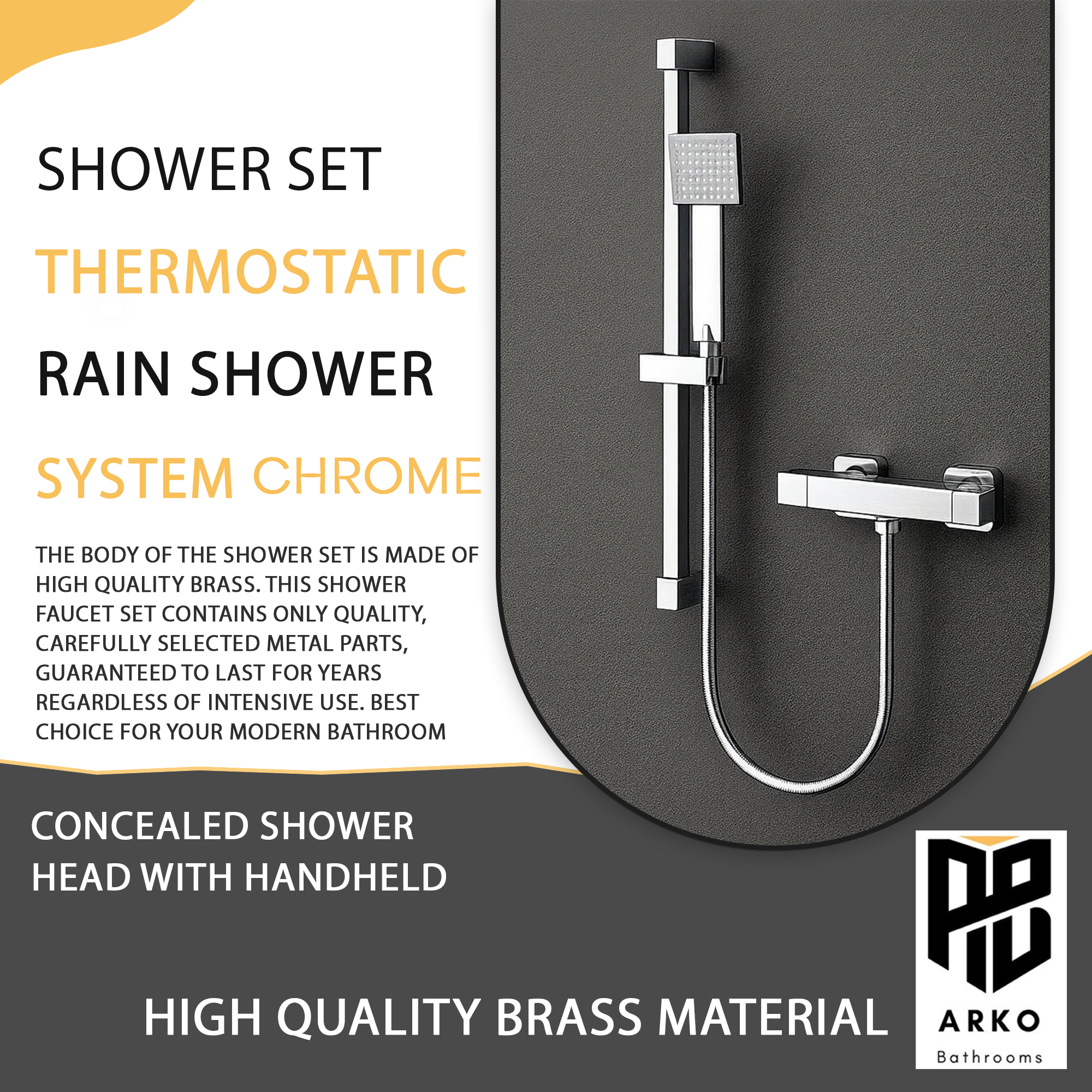 Arko Thermostatic Shower Mixer with Adjustable Riser Kit Exposed Square Shower – Chrome