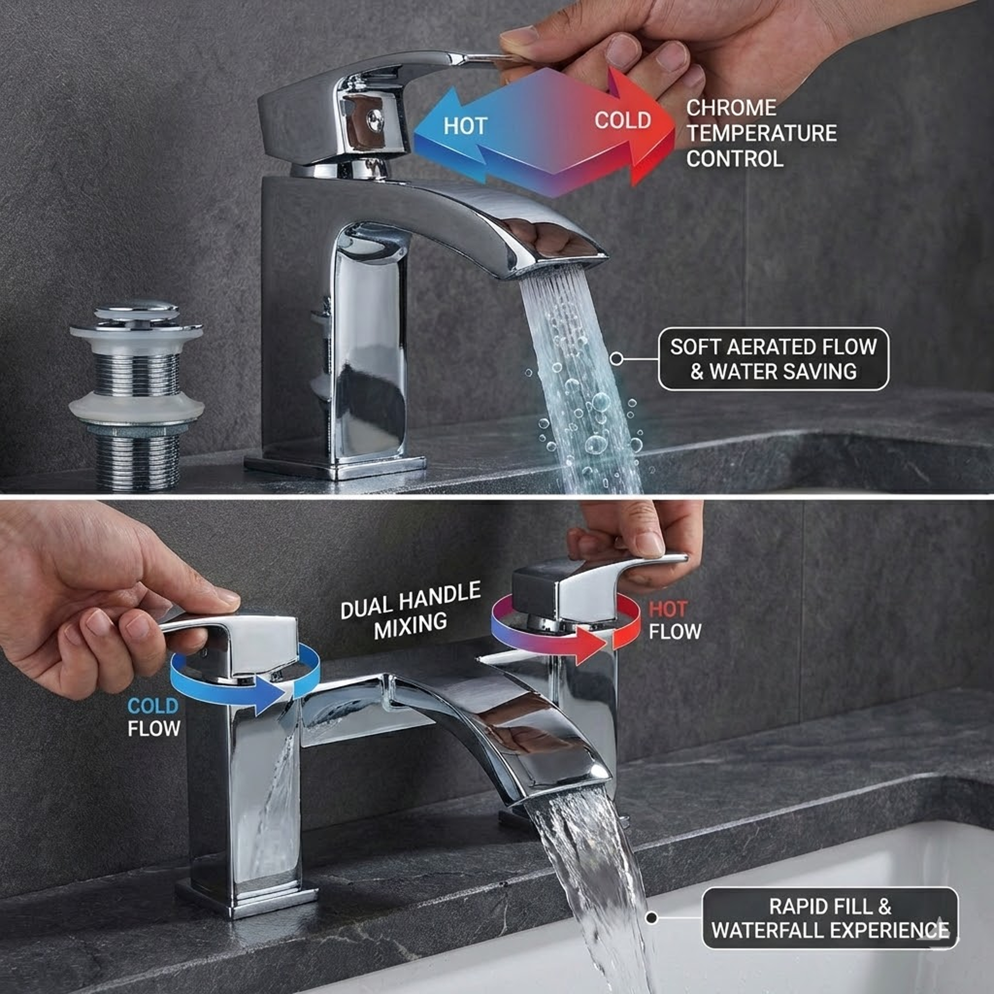 ARKO Vista Basin Mixer Tap, Bath Filler & Thermostatic Mixer Shower Set with Bath Waste – Chrome