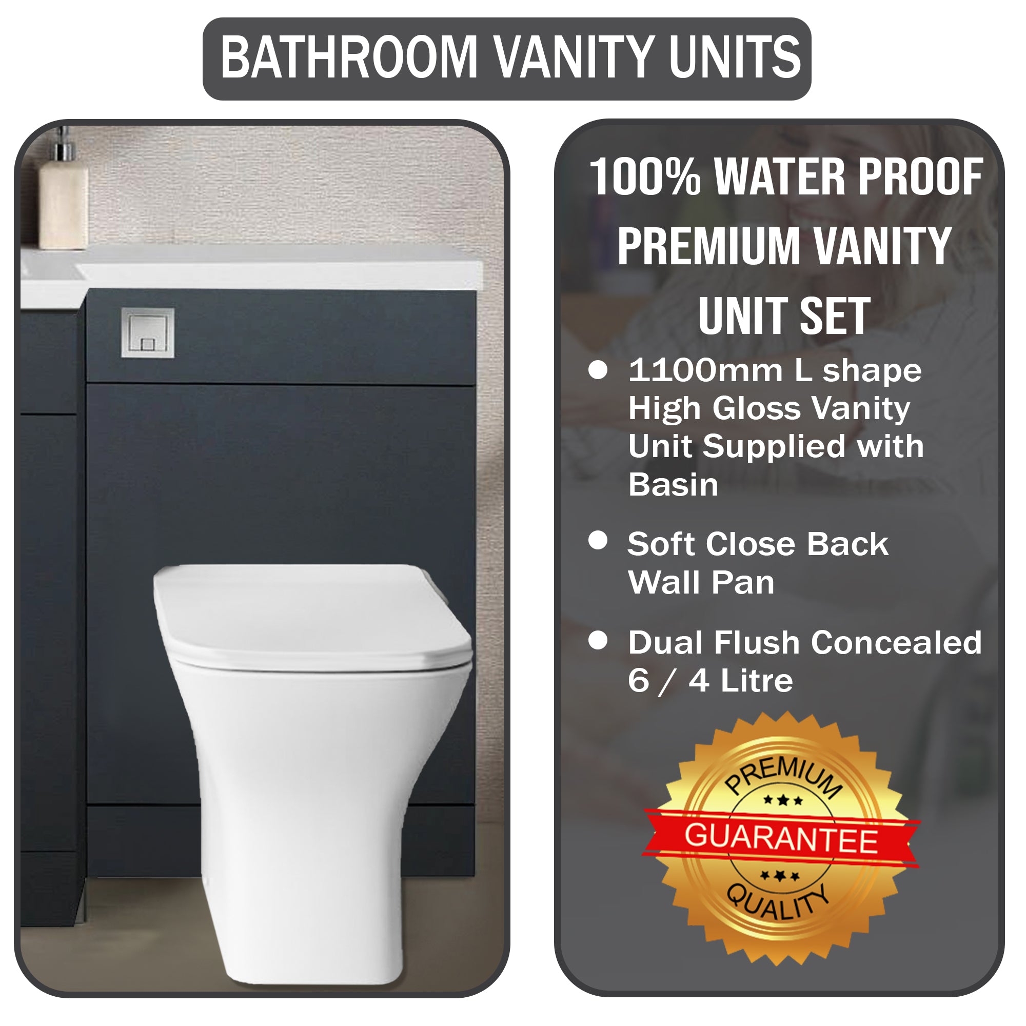 Arko Tana 1100mm Bathroom Vanity Unit Set Basin Sink Toilet WC Right Hand Furniture Storage - Anthracite