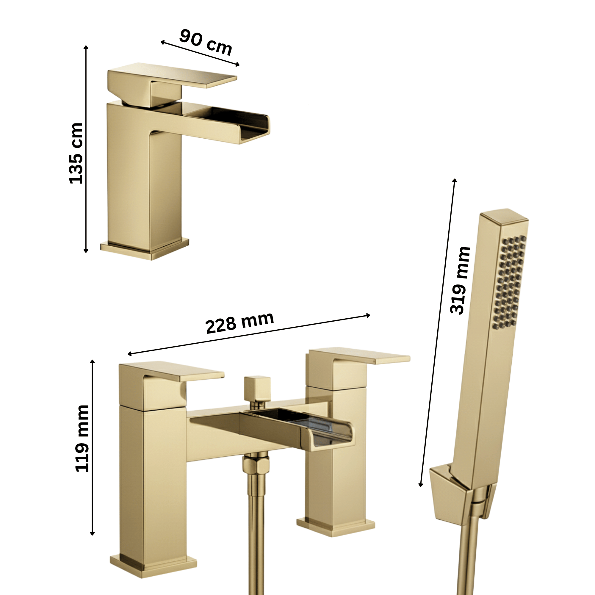 ARKO Waterfall Bath Shower & Basin Mixer Tap Set – Brass