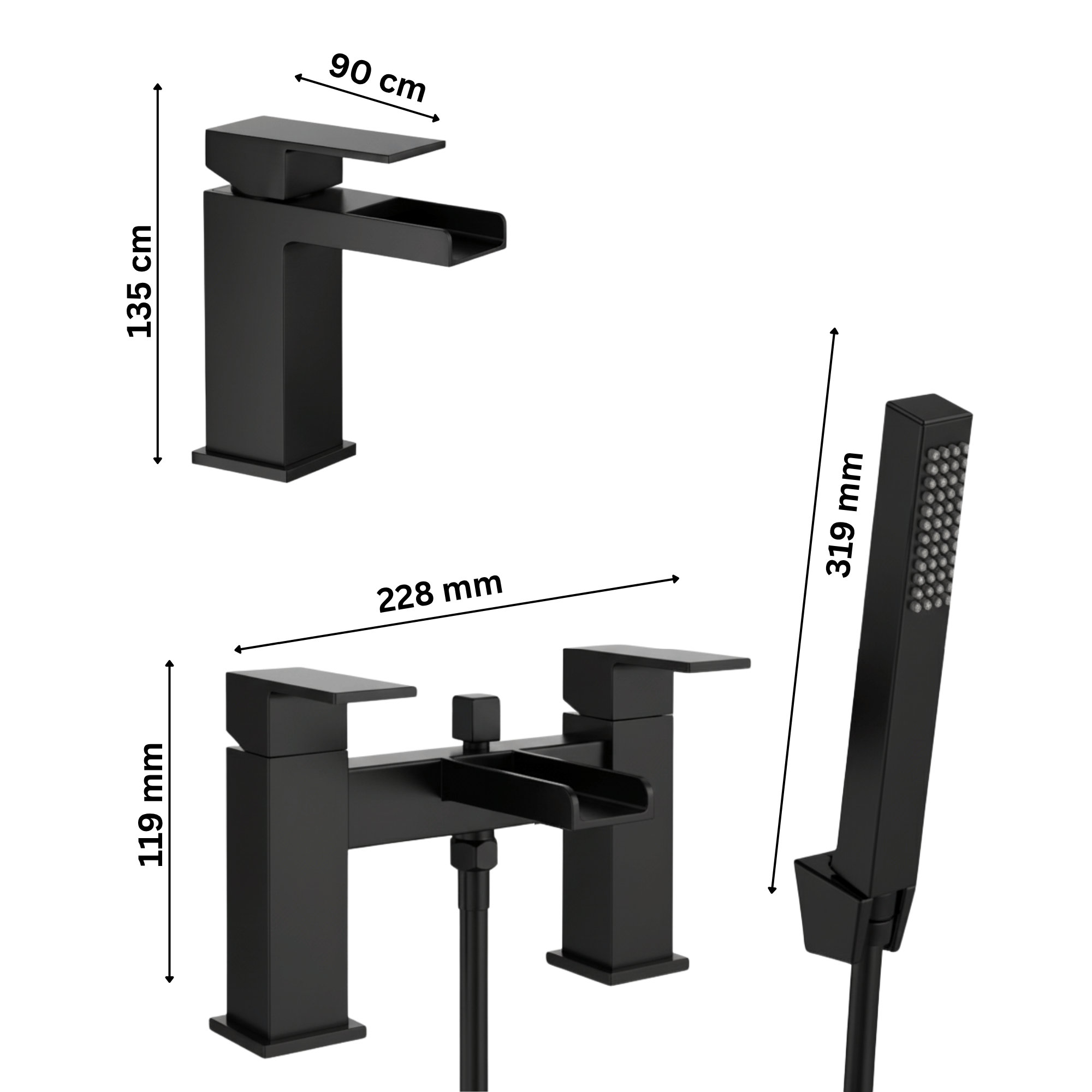 ARKO Waterfall Bath Shower & Basin Mixer Tap Set – Black