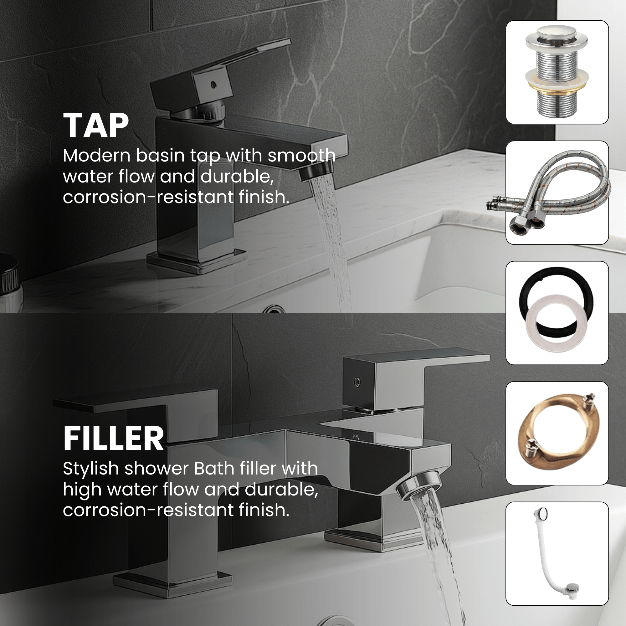 Arko Verda Bath and Basin Mixer Tap with Bath Waste Set - Chrome