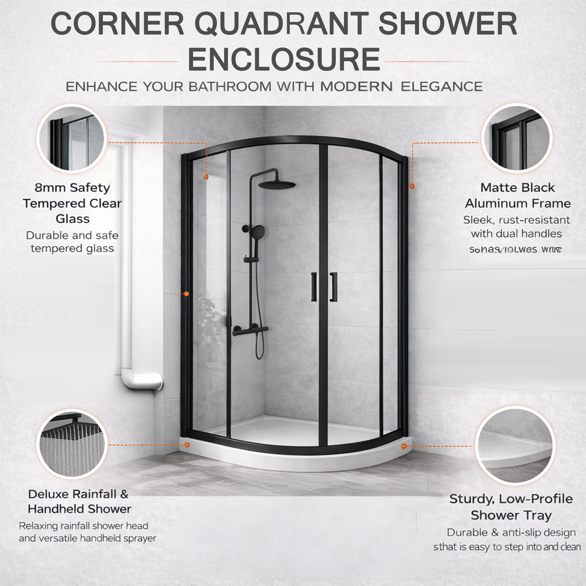 ARKO Round Rainfall Shower System with Handheld Spray & Curved Glass Sliding Shower Enclosure - Matte Black