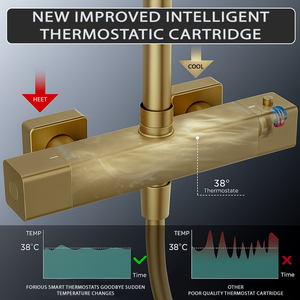 ARKO Bathroom Square Thermostatic Mixer Shower with Riser Rail, Shower Waste & Twin head - Brass