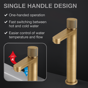 Round Tall Basin Mixer Tap, Flute Handle - Solid Brass
