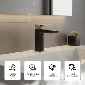 ARKO Square Basin Mixer Tap, Black&Brass – Stylish Bathroom Sink Faucet with Single Lever