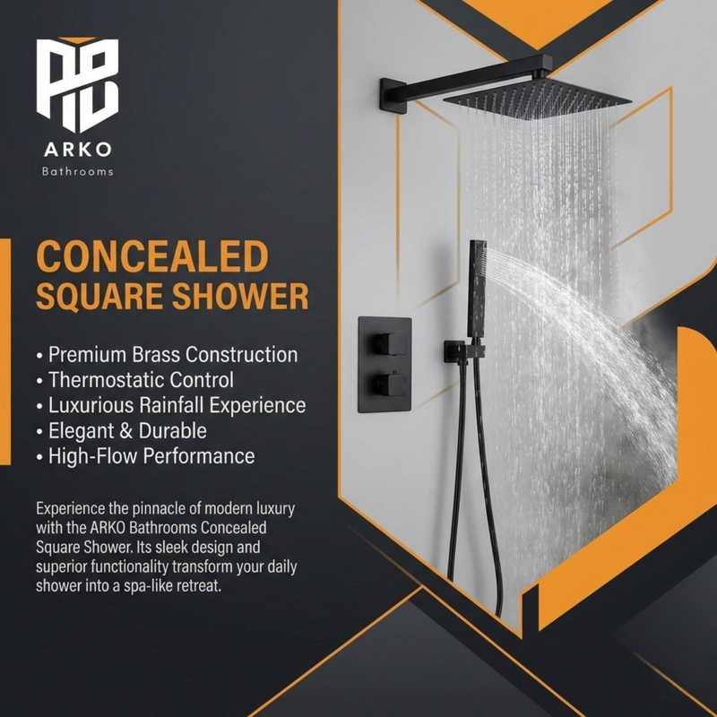 ARKO 2-Way Square Concealed Thermostatic Mixer Shower Dual Dial, Twin Head – Black