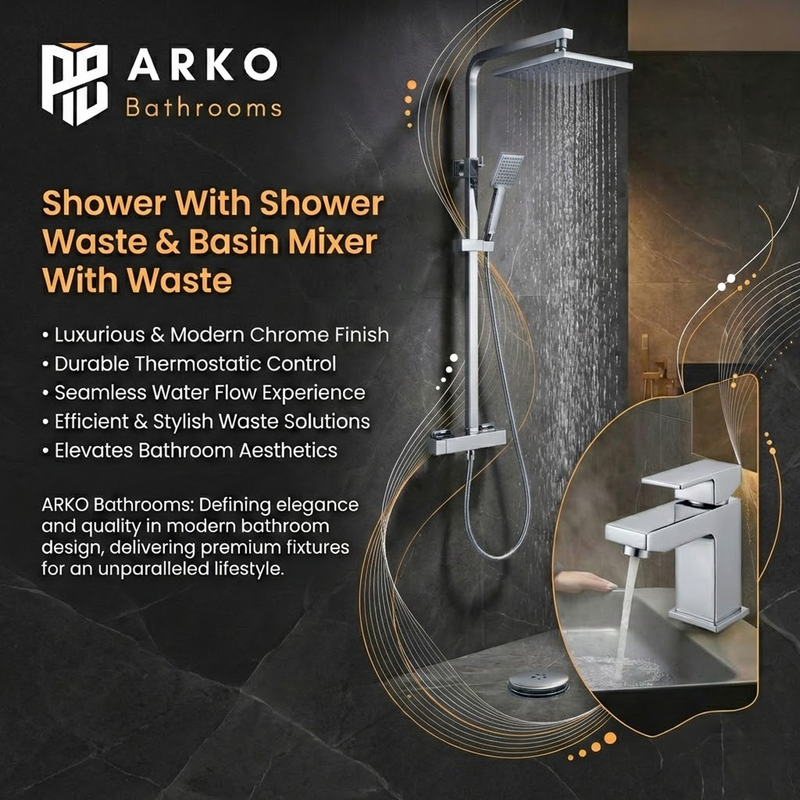 Arko Bathroom Verda Mixer Shower & Basin Mixer Tap Sets with Bath Shower Waste – Chrome