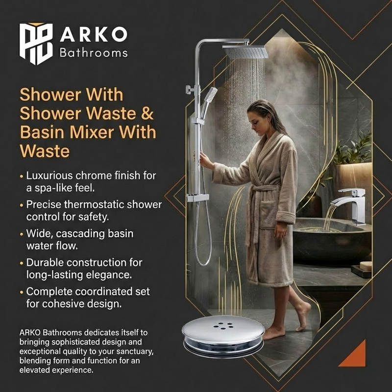 Arko Bathroom Vista Mixer Shower & Basin Mixer Tap Sets with Bath Shower Waste – Chrome