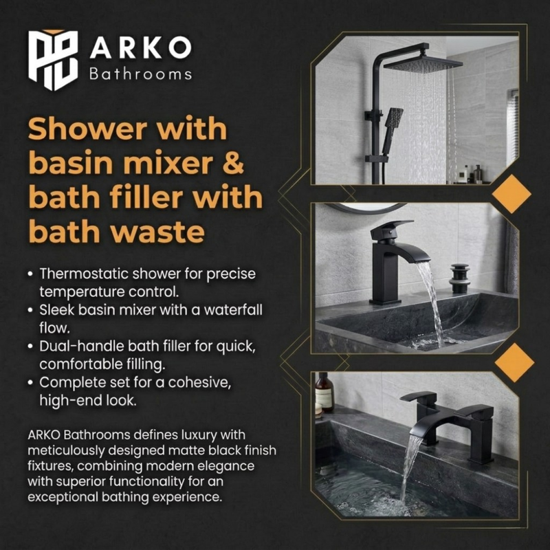 ARKO Vista Basin Mixer Tap, Bath Filler & Thermostatic Mixer Shower Set with Bath Waste – Black