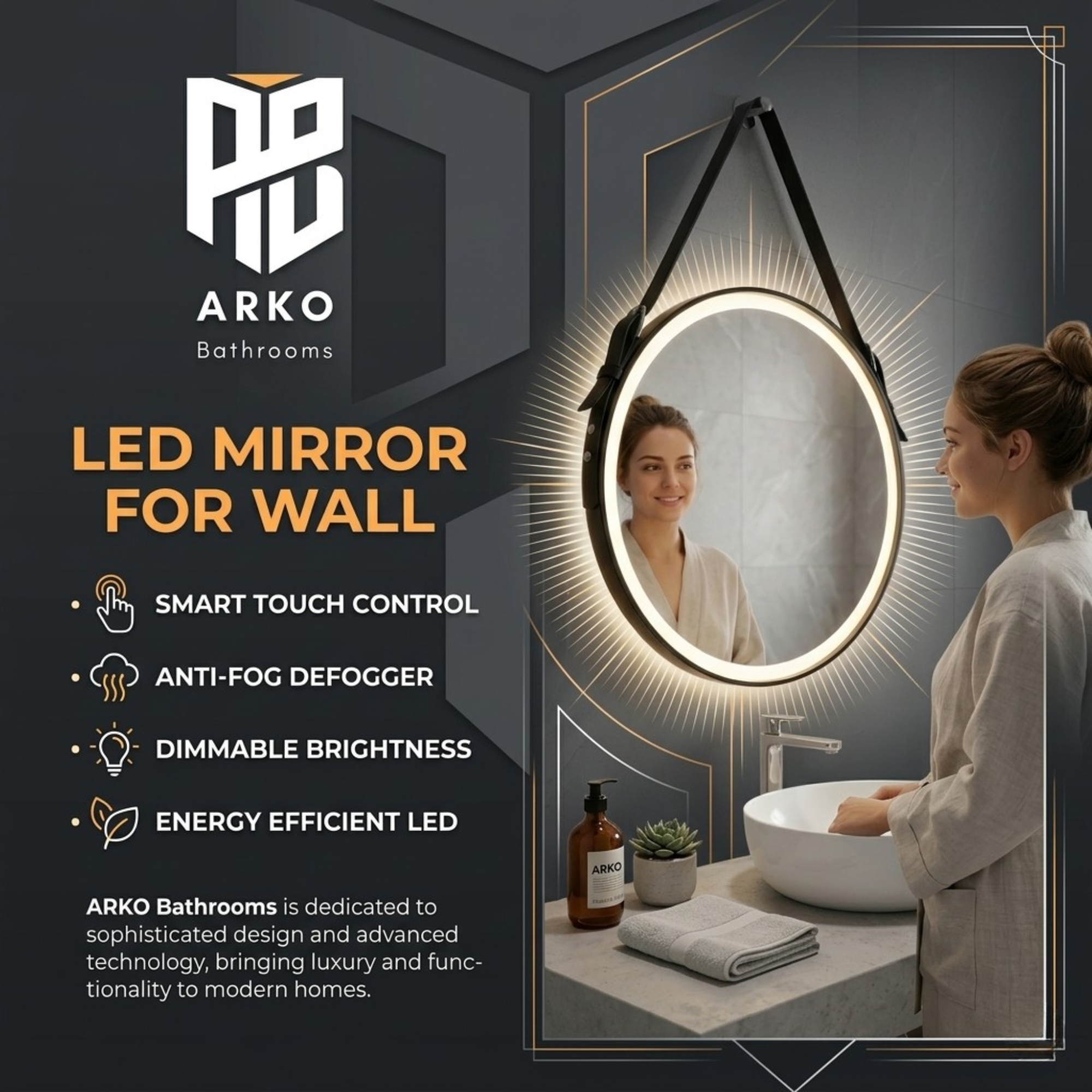Arko 600x600mm Round LED Bathroom Mirror – Wall Mounted Illuminated Vanity Mirror