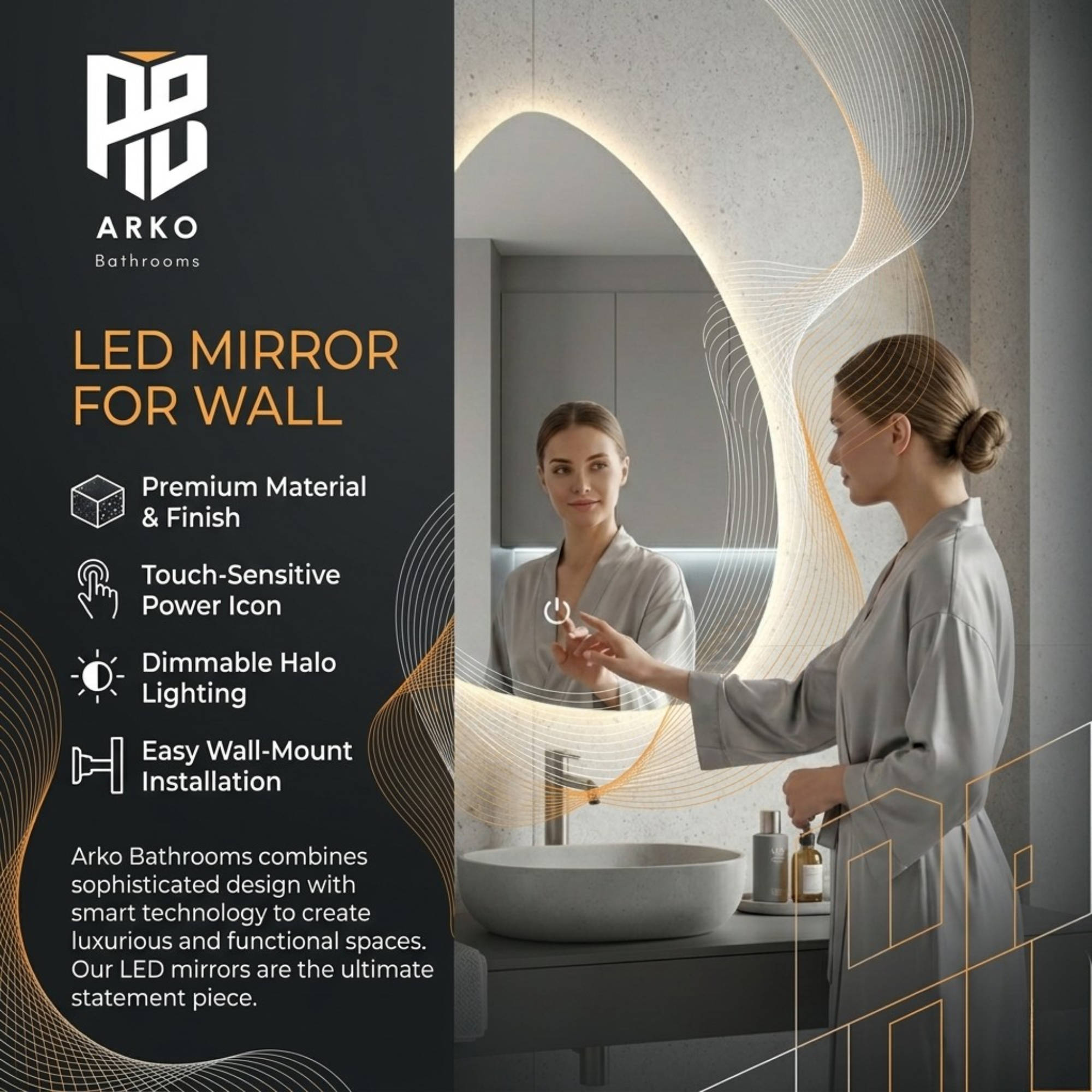 Arko Bathroom Teardrop LED Mirror with Lights 500x700mm - Wall Mounted Vanity Mirror -Bathroom mirror Illuminated LED mirror