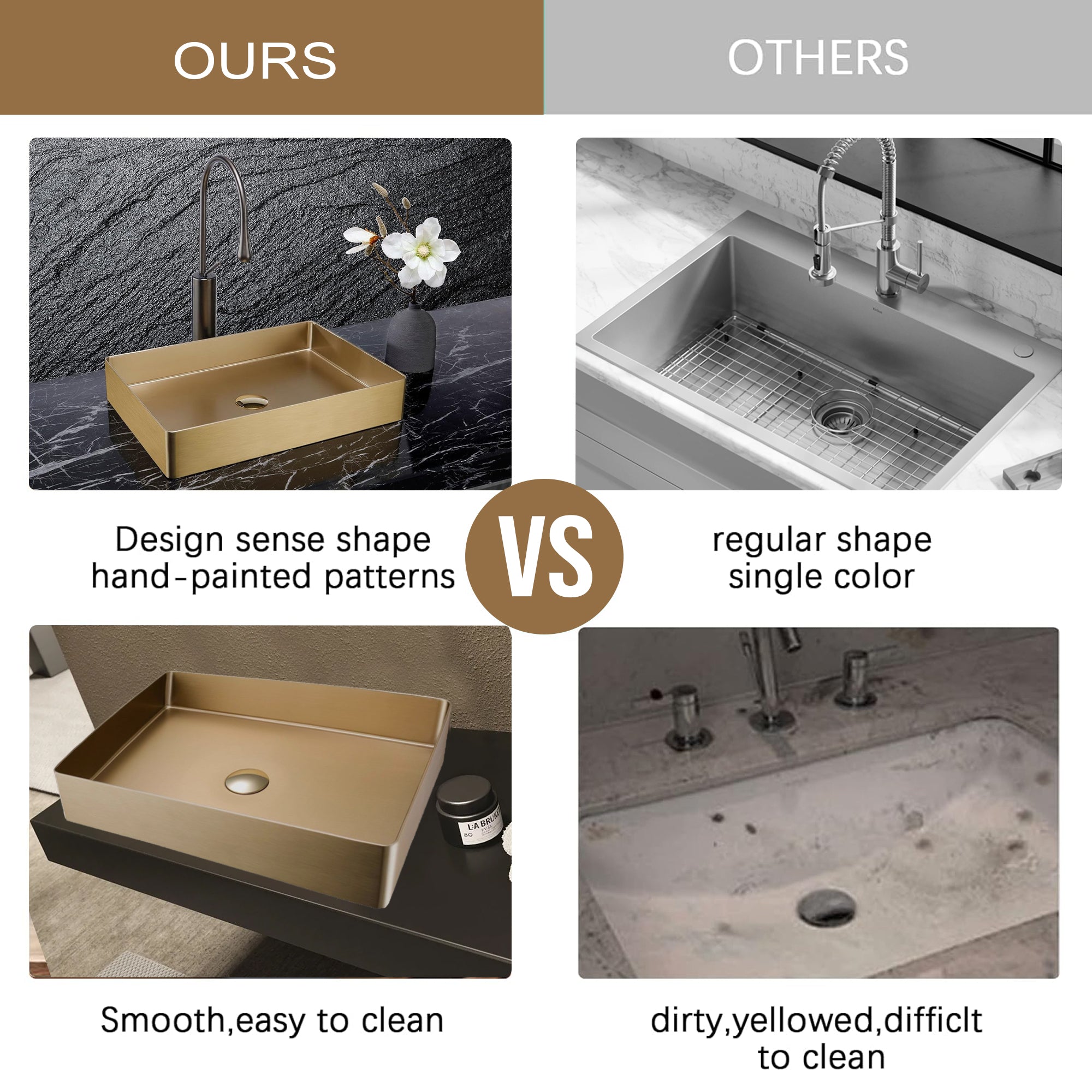 Countertop Basin, 526x346x120mm, Stainless Steel – Brass