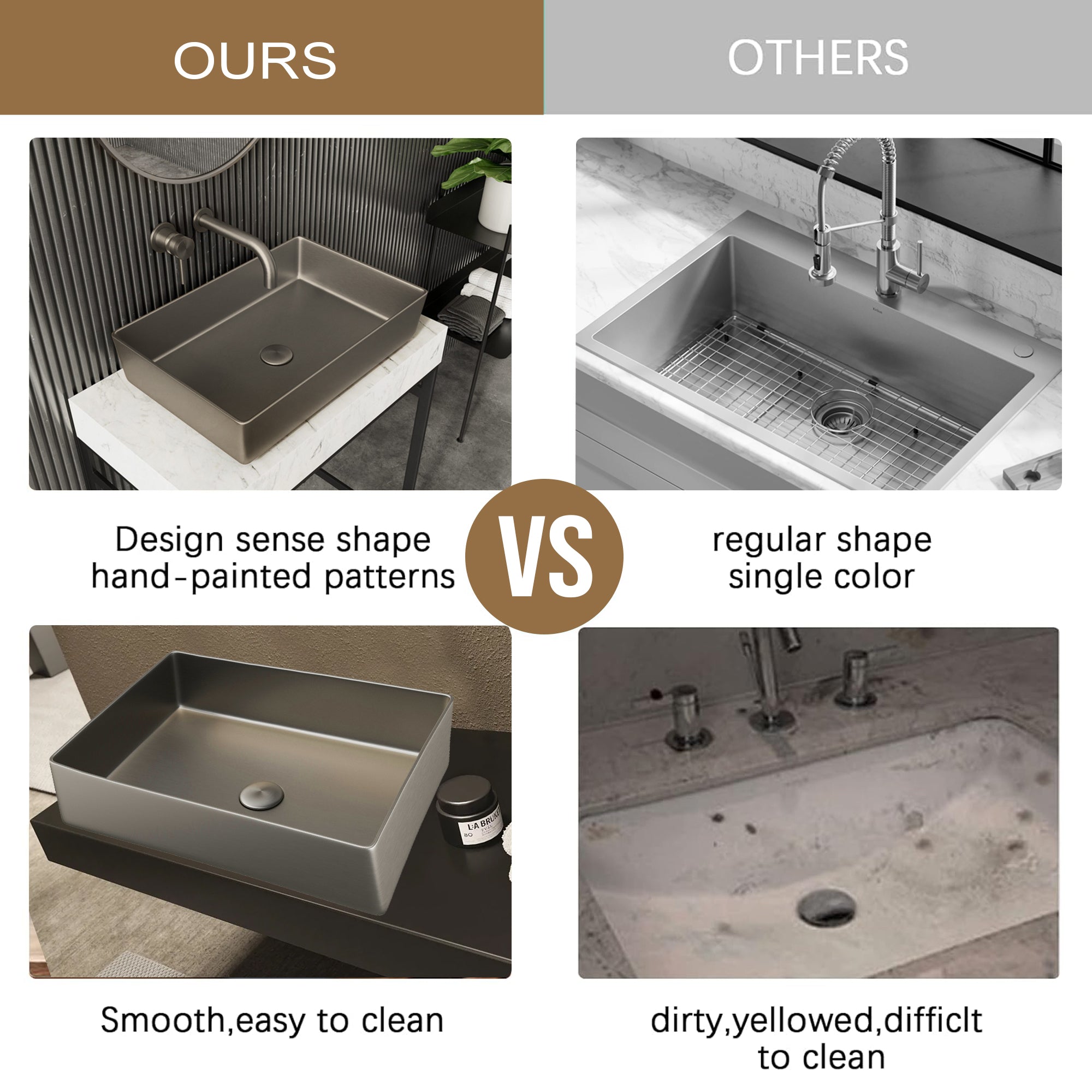 Countertop Basin, 526x346x120mm, Stainless Steel – Bronze