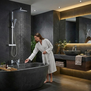 ARKO Waterfall Basin Mixer Tap, Bath Filler & Thermostatic Mixer Shower Set with Bath Waste – Chrome