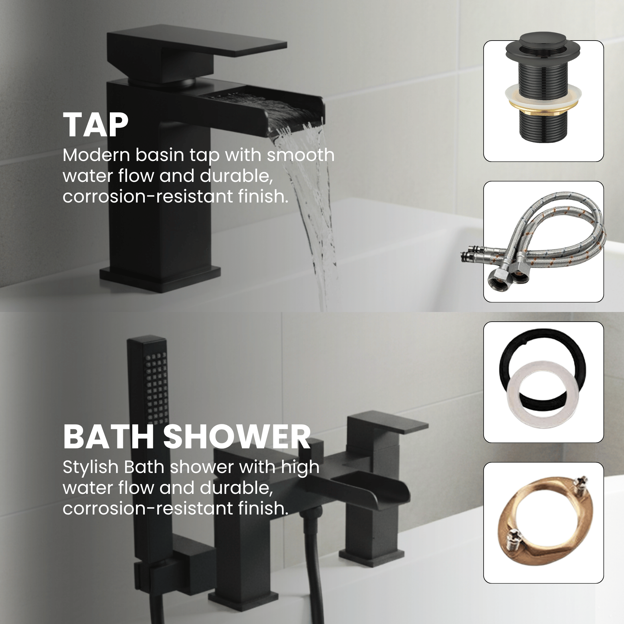 ARKO Waterfall Bath Shower & Basin Mixer Tap Set – Black