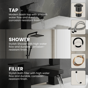 ARKO Verda Basin Mixer Tap, Bath Filler & Thermostatic Mixer Shower Set with Bath Waste – Black
