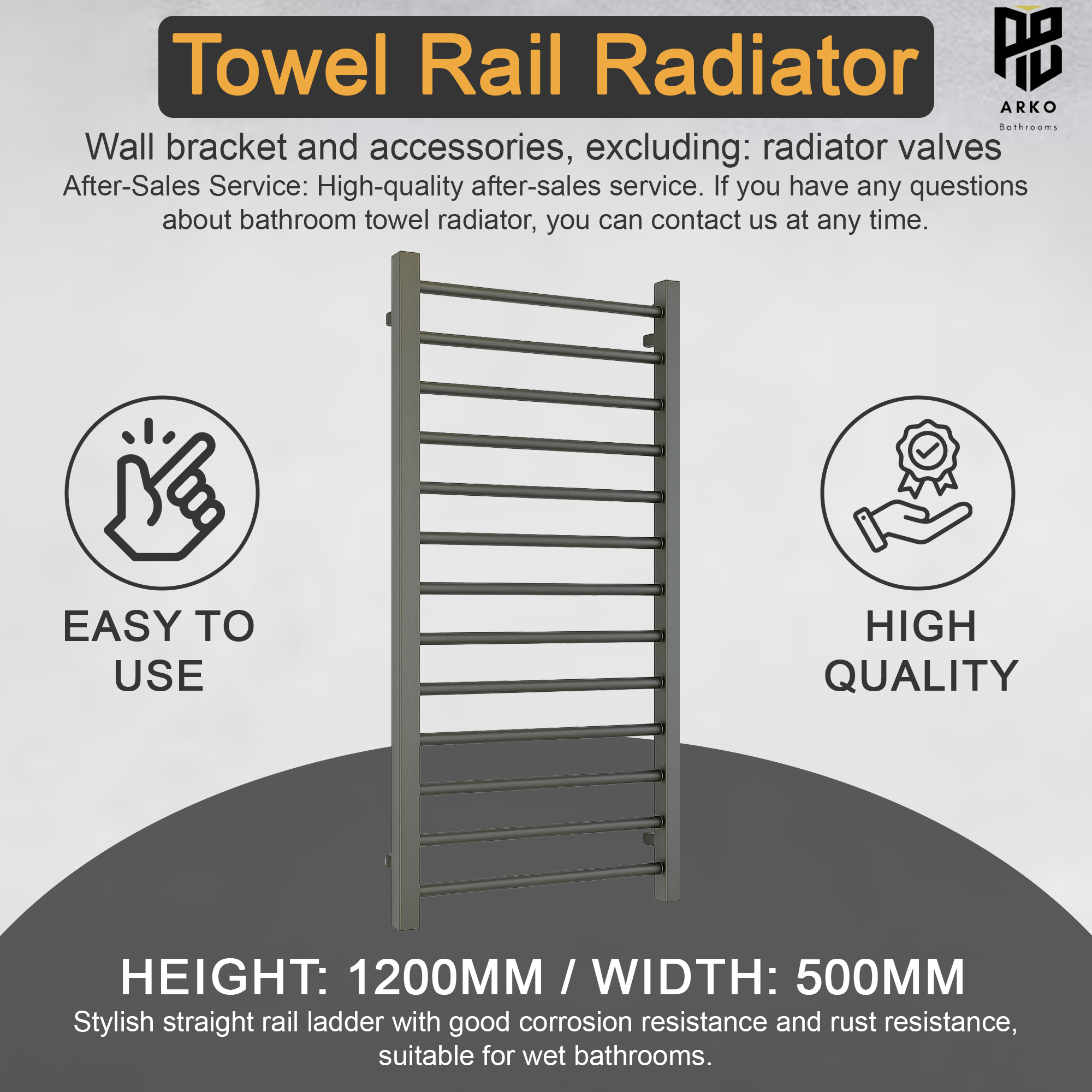 Arko Heated Towel Rail -Gumental– 500 x 1200mm – Straight Bars