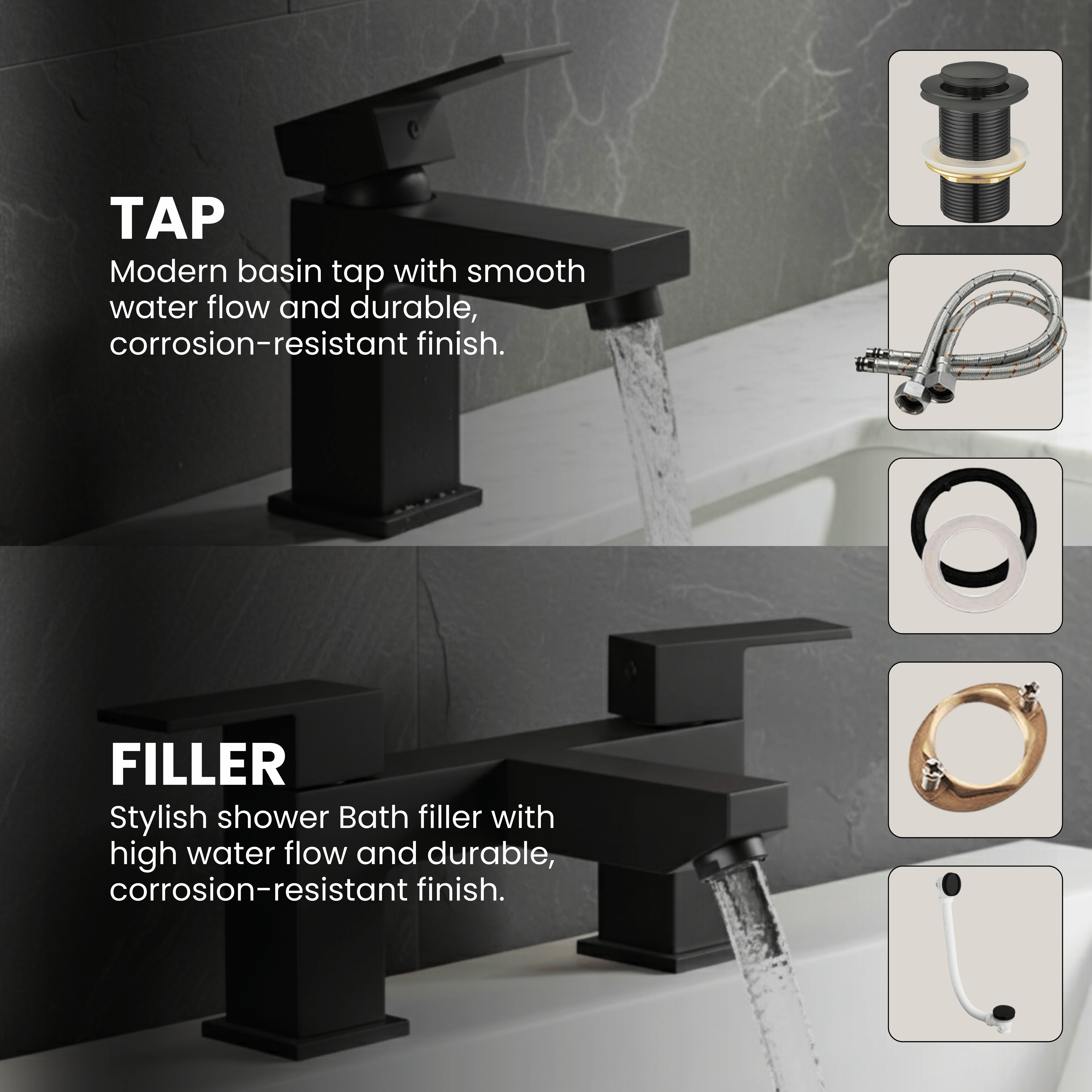 Arko Verda Bath and Basin Mixer Tap with Bath Waste Set - Black