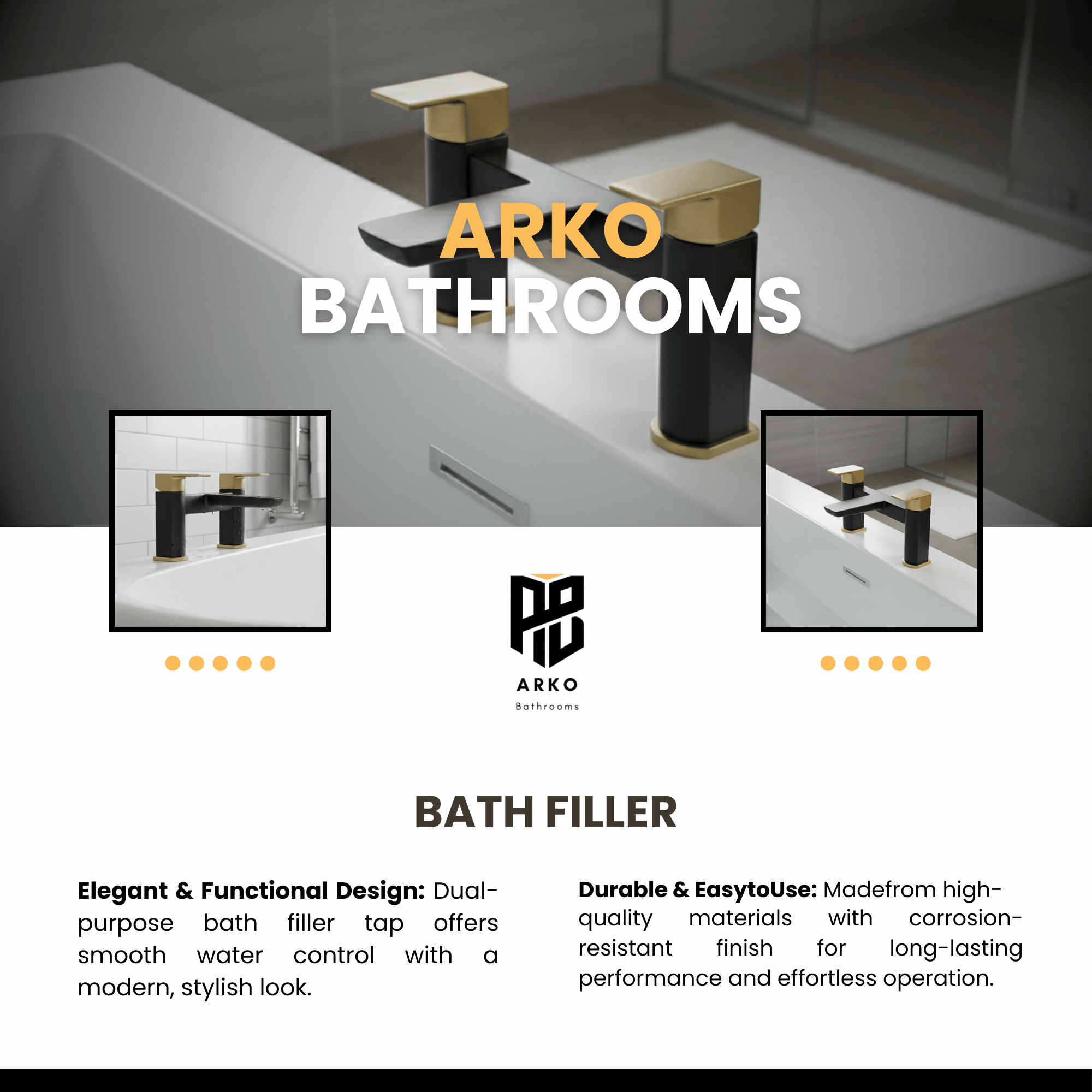 ARKO bath mixer tap, Thermostatic Bath Mixer Tap - BLACK & BRASS