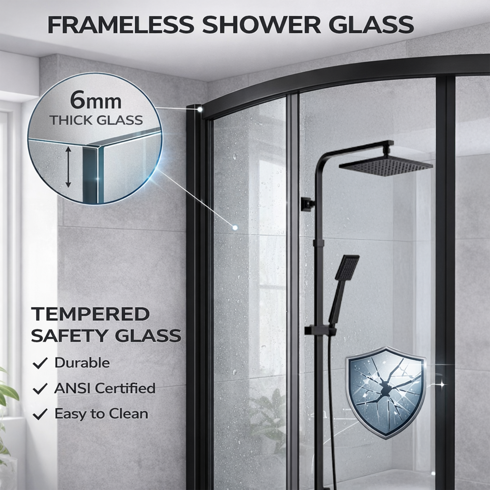 ARKO Square Rainfall Shower System with Handheld Spray & Curved Glass Sliding Shower Enclosure with Tray & Waste - Black