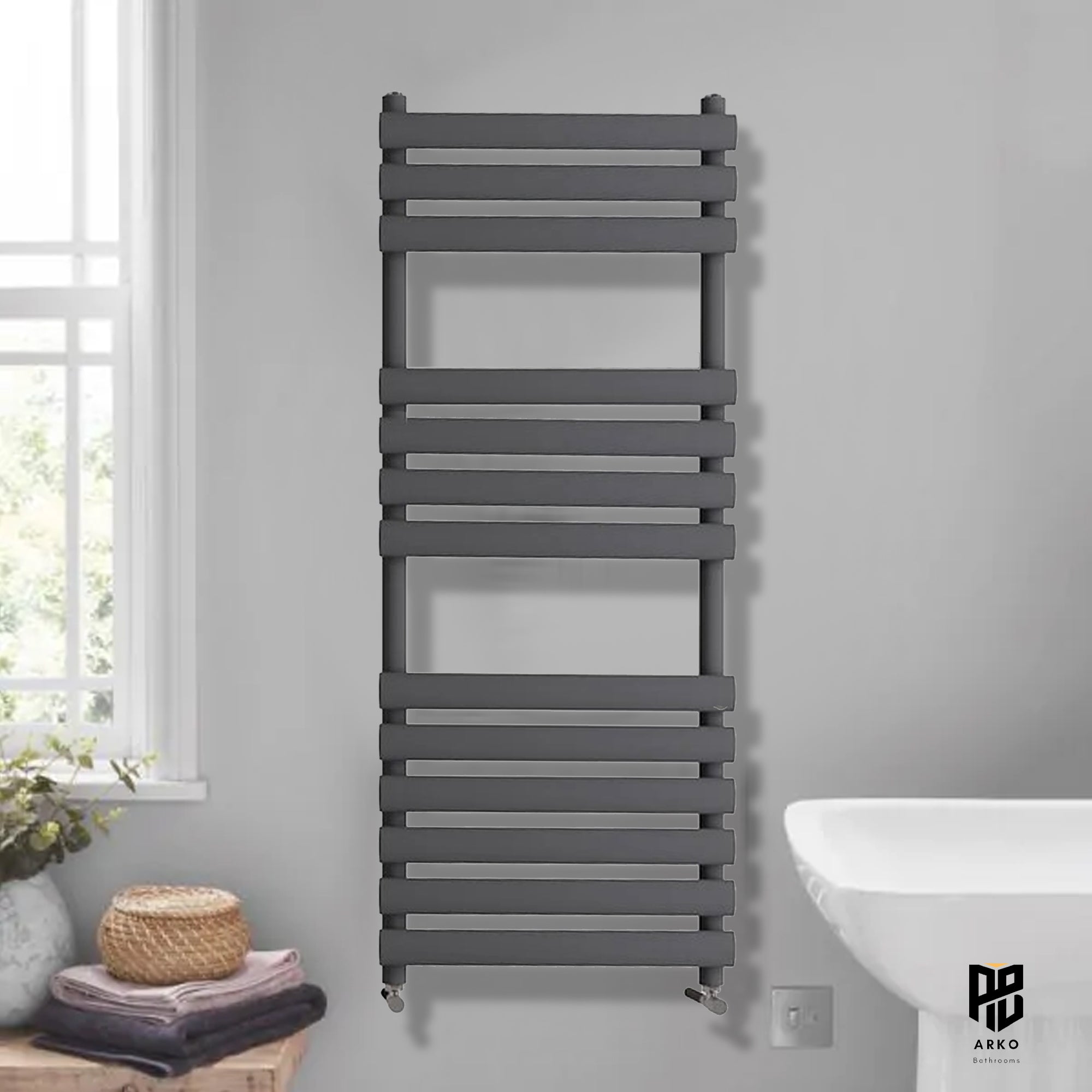 Arko Heated Towel Rail – Matt Black – 500 x 1200mm – Straight Bars