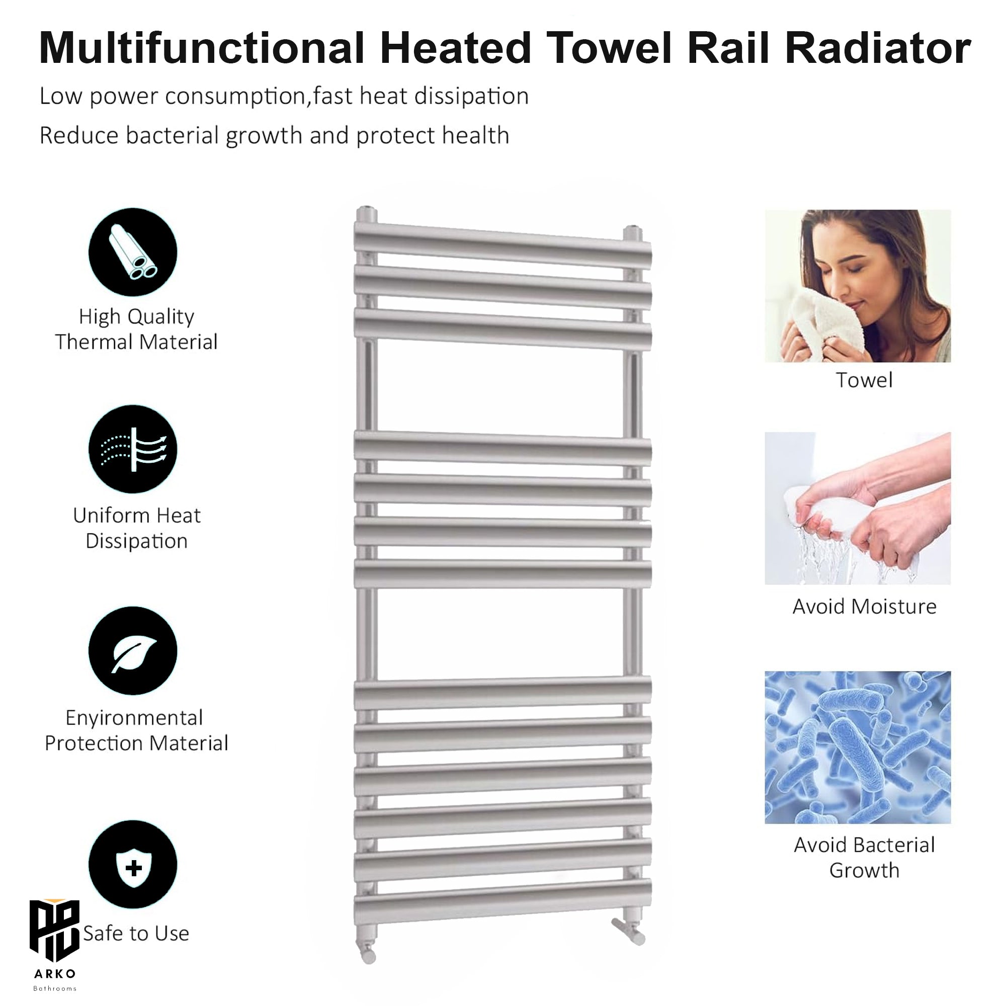 Arko Heated Towel Rail – 500 x 1200mm – Straight Bars – Chrome