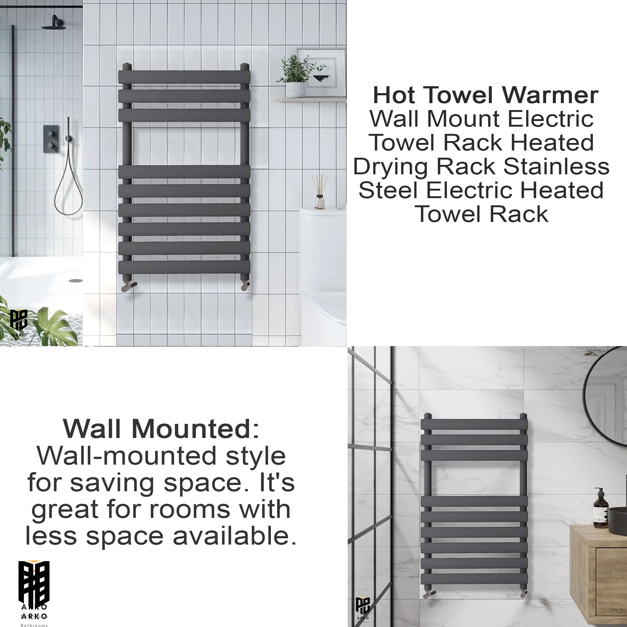 Arko Heated Towel Rail – 500 x 800mm – Straight Bars – Black