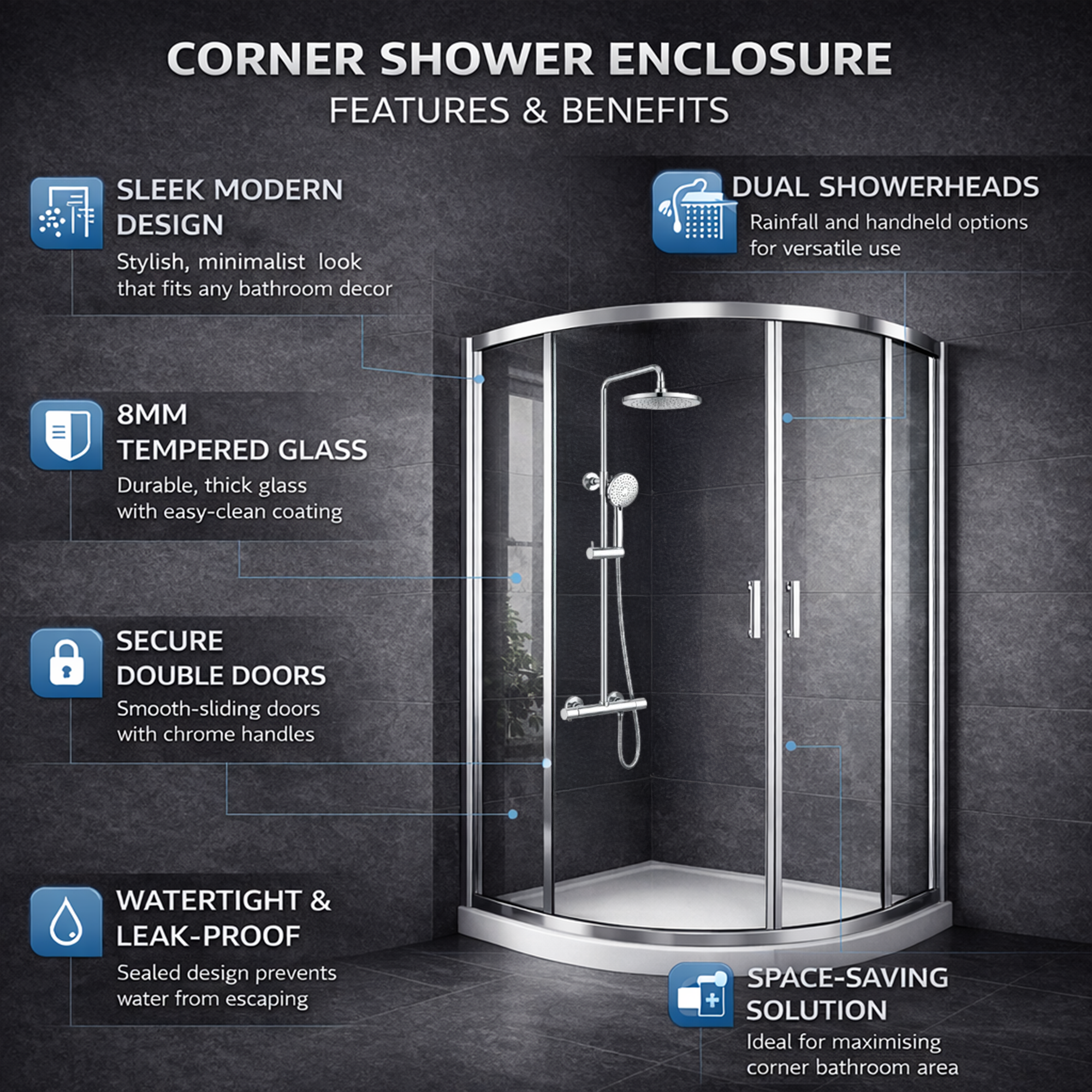 ARKO Round Rainfall Shower System with Handheld Spray & Curved Glass Sliding Shower Enclosure with Tray  - Chrome