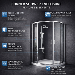 ARKO Round Rainfall Shower System with Handheld Spray & Curved Glass Sliding Shower Enclosure with Tray  - Chrome