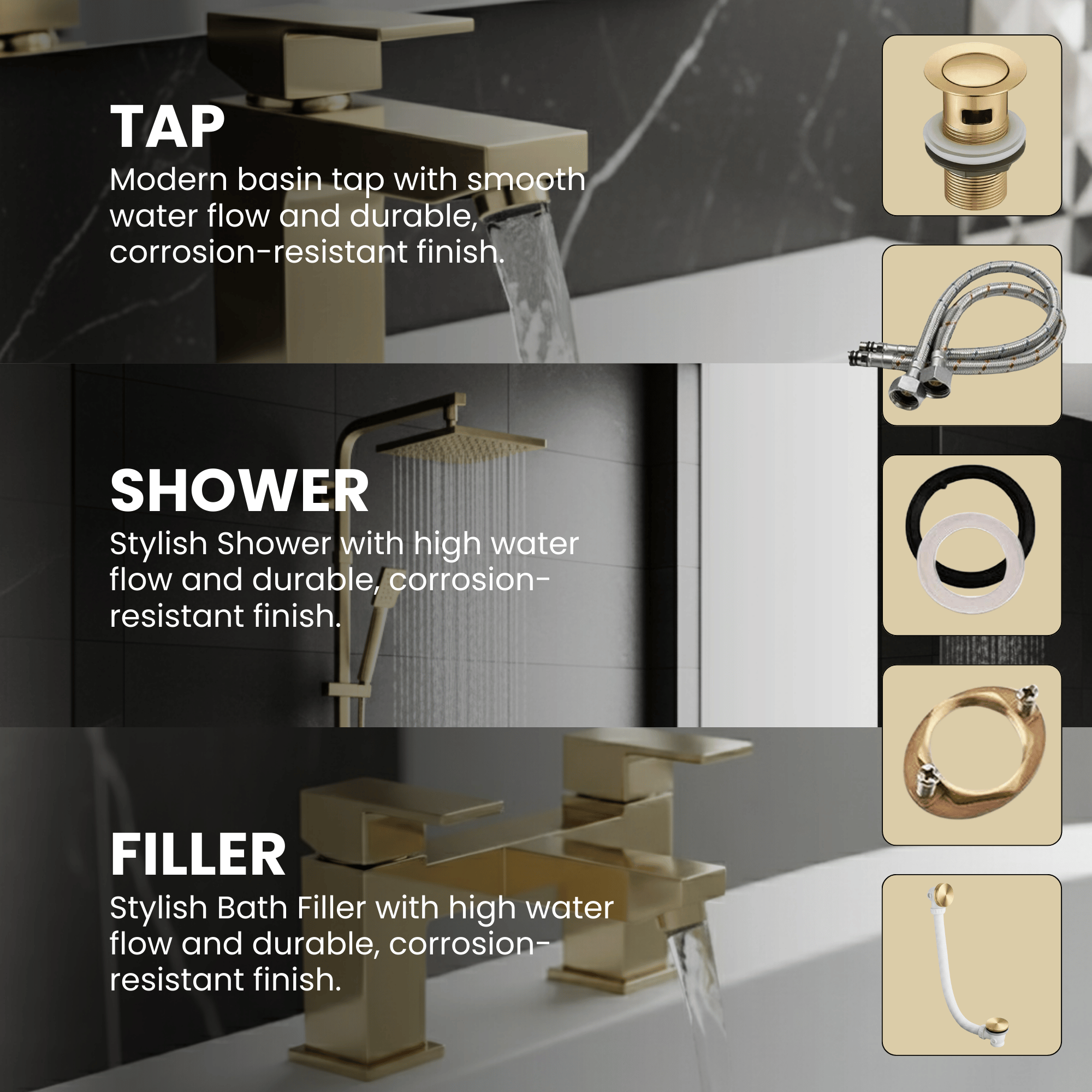 ARKO Verda Basin Mixer Tap, Bath Filler & Thermostatic Mixer Shower Set with Bath Waste – Brass